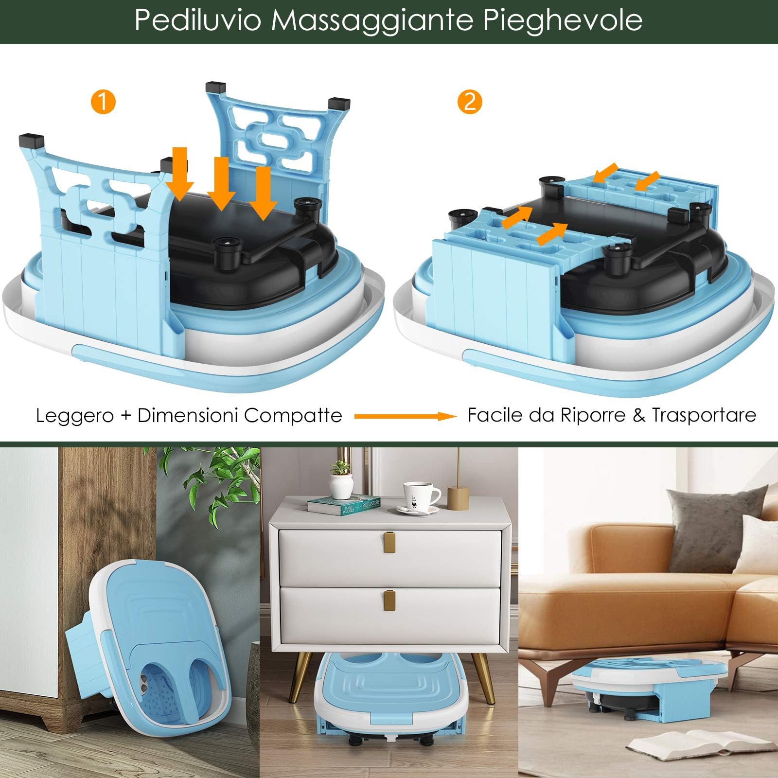 GYMAX Pediluvio Elettrico, Massaggiatore per Piedi Pieghevole, con Rulli, Temperatura Regolabile, Telecomando, Timer, 42 x 40 x 24 cm (BLU)
