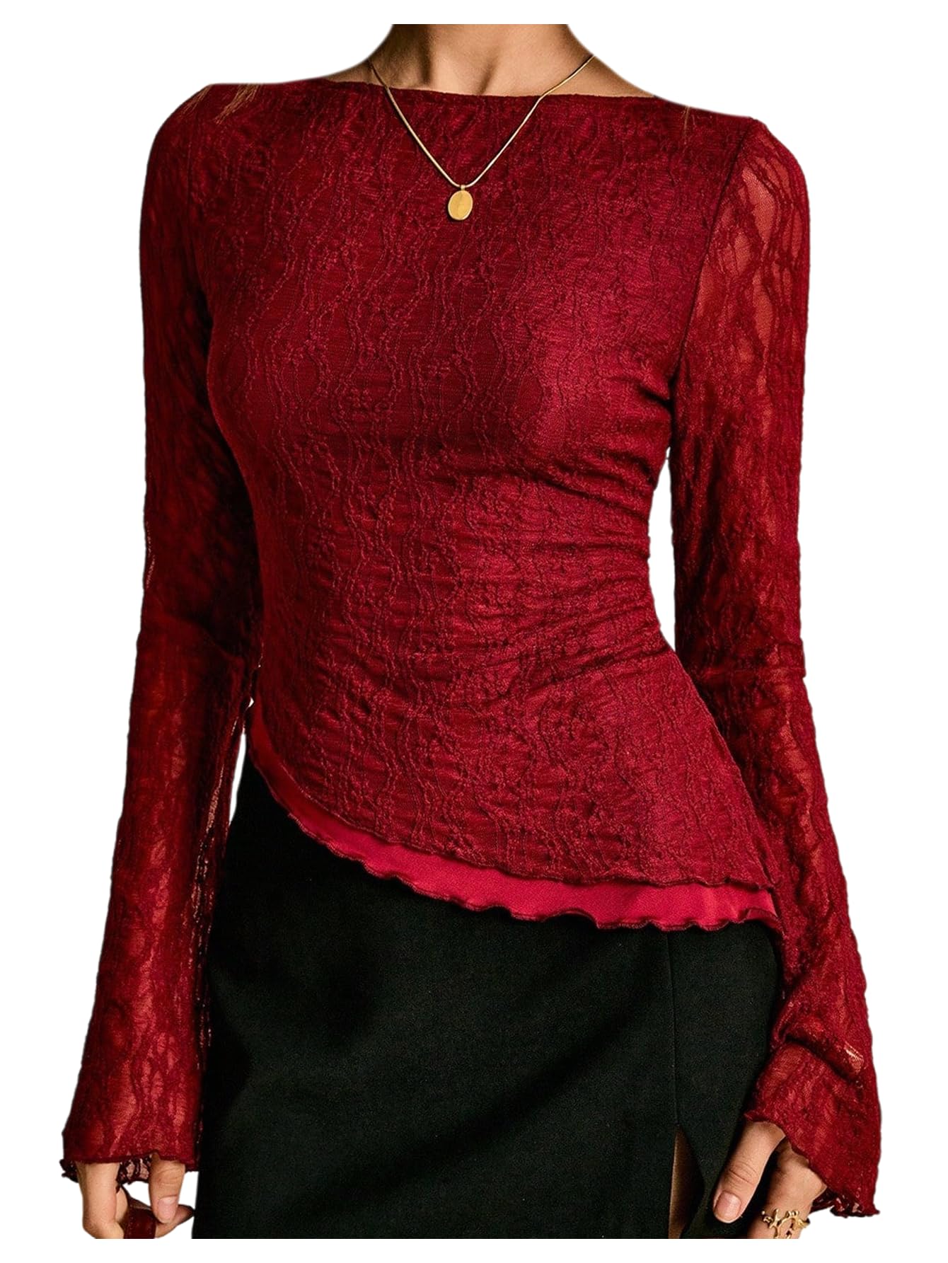 Photo 1 of ***DAMAGED - SEE NOTES/PICTURES***
Verdusa Women's Asymmetrical Tops Y2k Lace Bell Long Sleeve Top Sheer Fitted Going Out Tops Burgundy Large