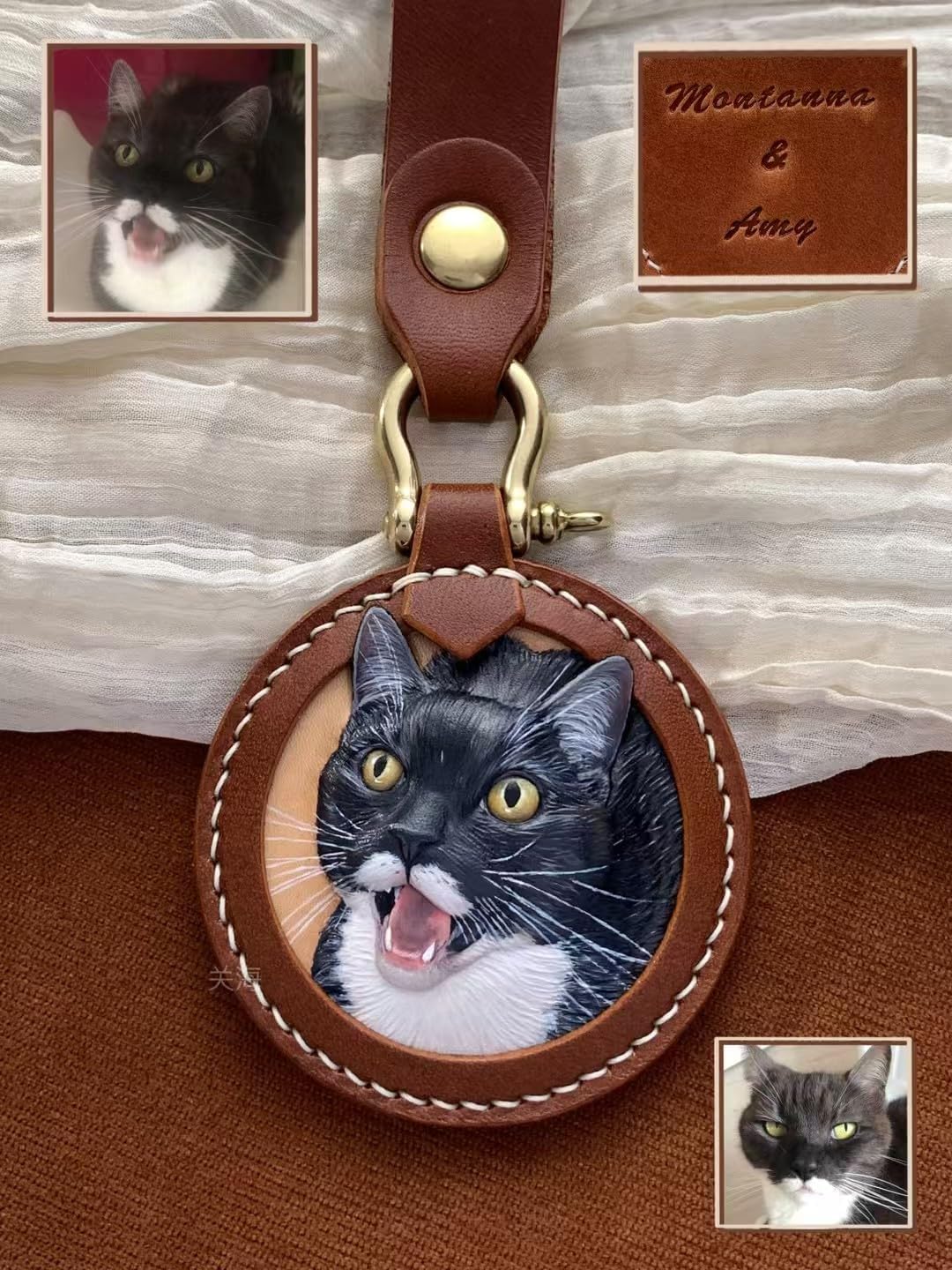 Custom Pet Memorial Keychain, Brown Leather, Hand Painted Portrait, Personalized Sympathy Gift, Pet Loss Remembrance Charm for Dog Cat Lovers