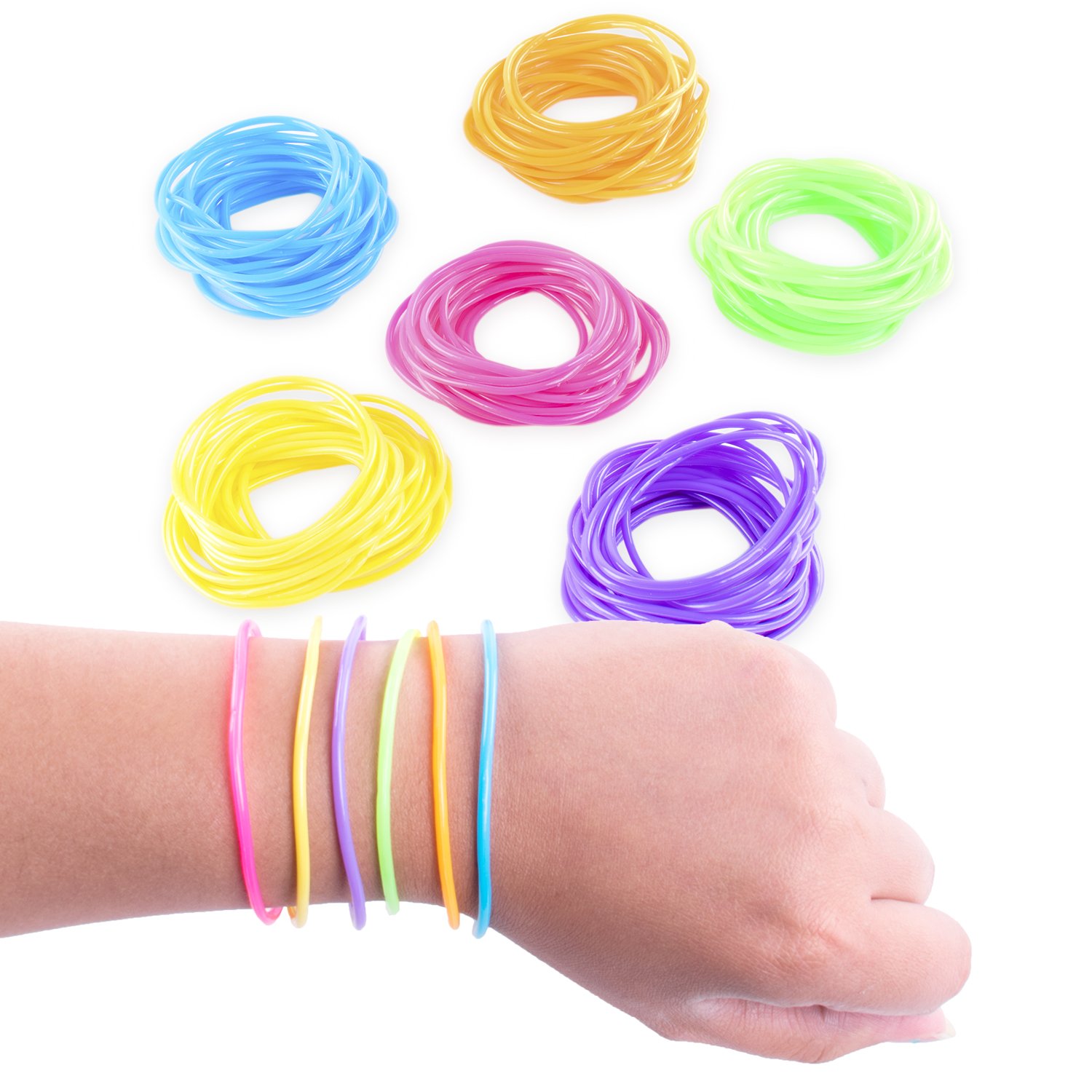 Super Z Outlet 80s Colorful Retro Rock Pop Star Rainbow Diva Disco Jelly Neon Gel Stretchable Bracelets Bands for Theme Events, Colorful Assortment, Assorted Toy Party Favor Prizes (288)