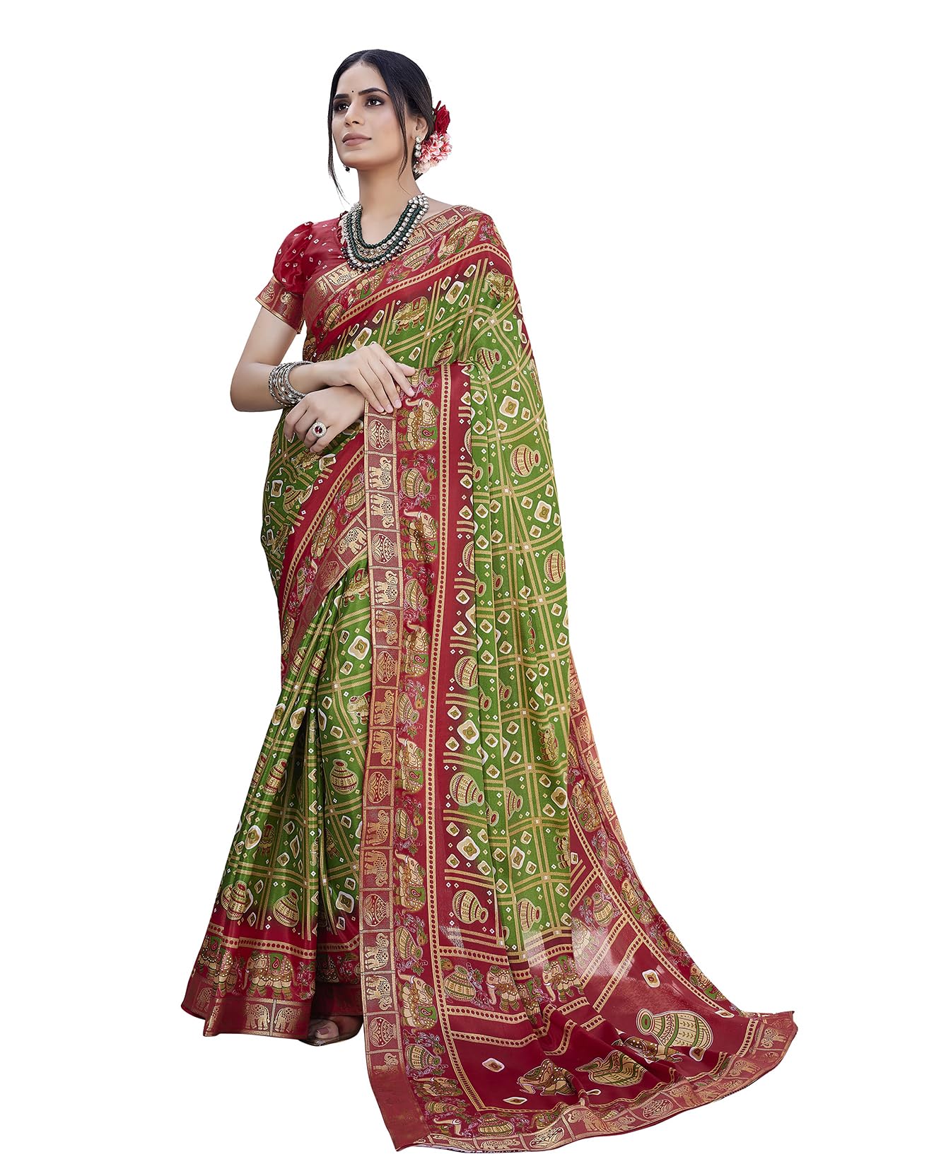 Yashika Women's Magludi Silk Saree Printed Saree With Unstitched Blouse Material - Suitable For All Indian Occasions and Festivals