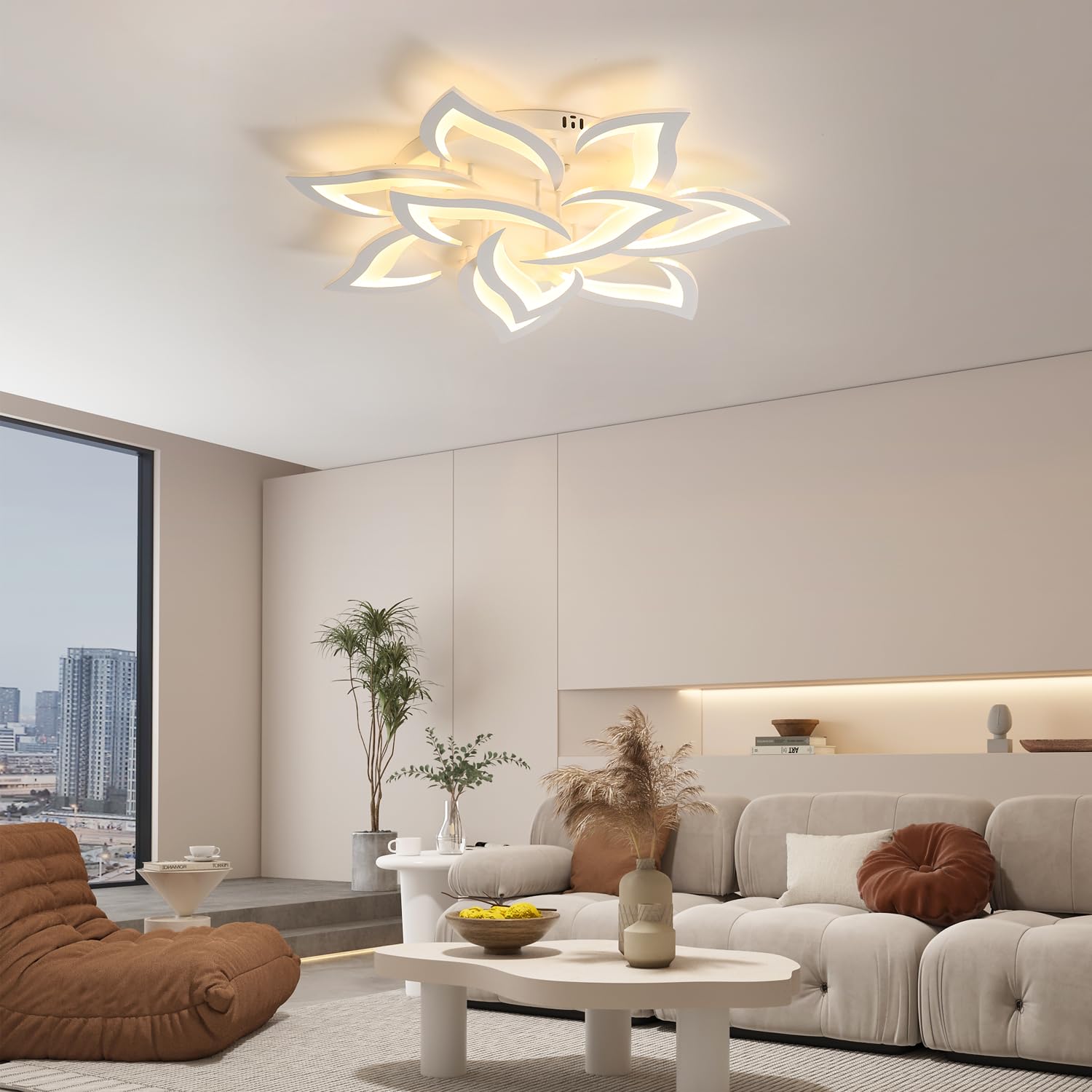 Goeco Lamparas de Techo Salon, 60W Plafon LED Techo Moderno Blanco Diseño Flor Pétalos, Luz de Techo LED Dormitorio para Cocina, Comedor, Estudio, Oficina, Luz Blanca Cálida 3000K, 80CM