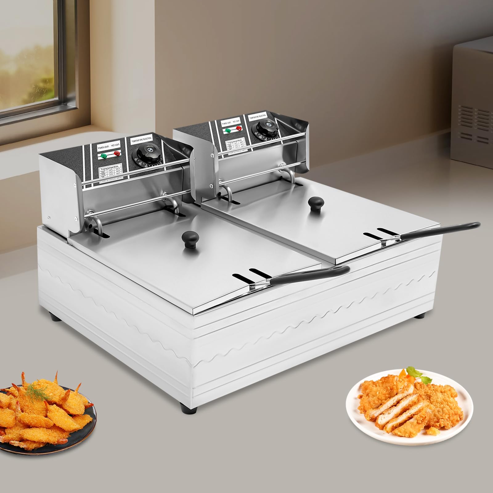 Friggitrice a olio da 12 l, 2 x 2500 Watt, in acciaio inox, doppia friggitrice con cestello, regolazione della temperatura 60-200 °C, friggitrice per ristorante, snack bar