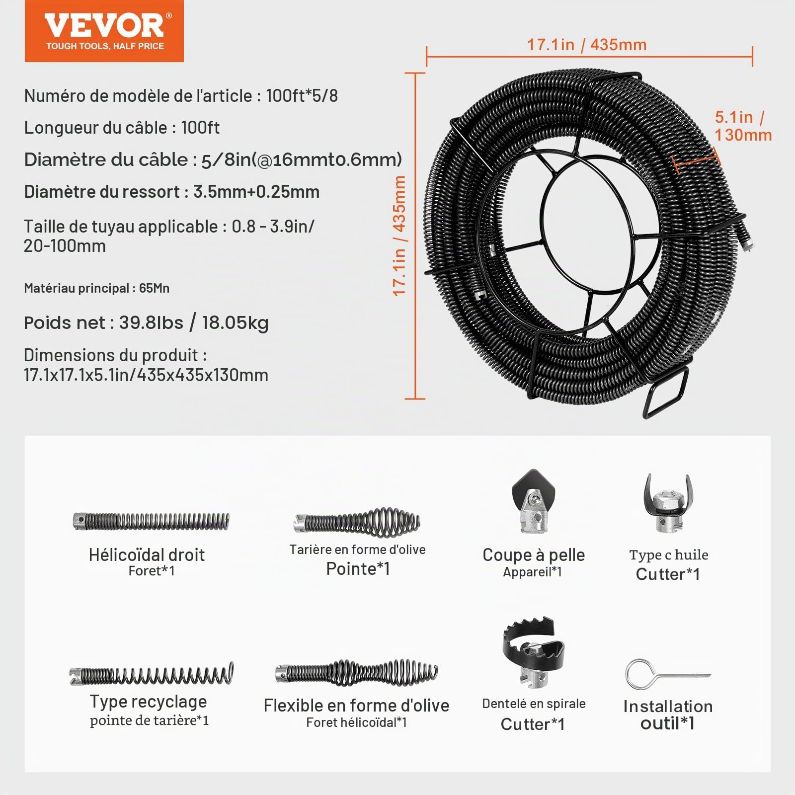 VEVOR Câble de nettoyage de canalisations, 30 m x 16 mm, câble de tarière de vidange d'égout noyau creux sectionnel professionnel, 7 coupeurs pour tuyaux 20-100 mm pour évier, siphon de sol, toilettes