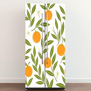 Self Adhesive Vinyl Refrigerator Wrap Mandarin Seamless Exotic Tropical Orange Citrus Fruit Tangerine Door Mural Sticker Peel and Stick Removable Door Cover Fridge Wrap Decal for Kitchen Decor