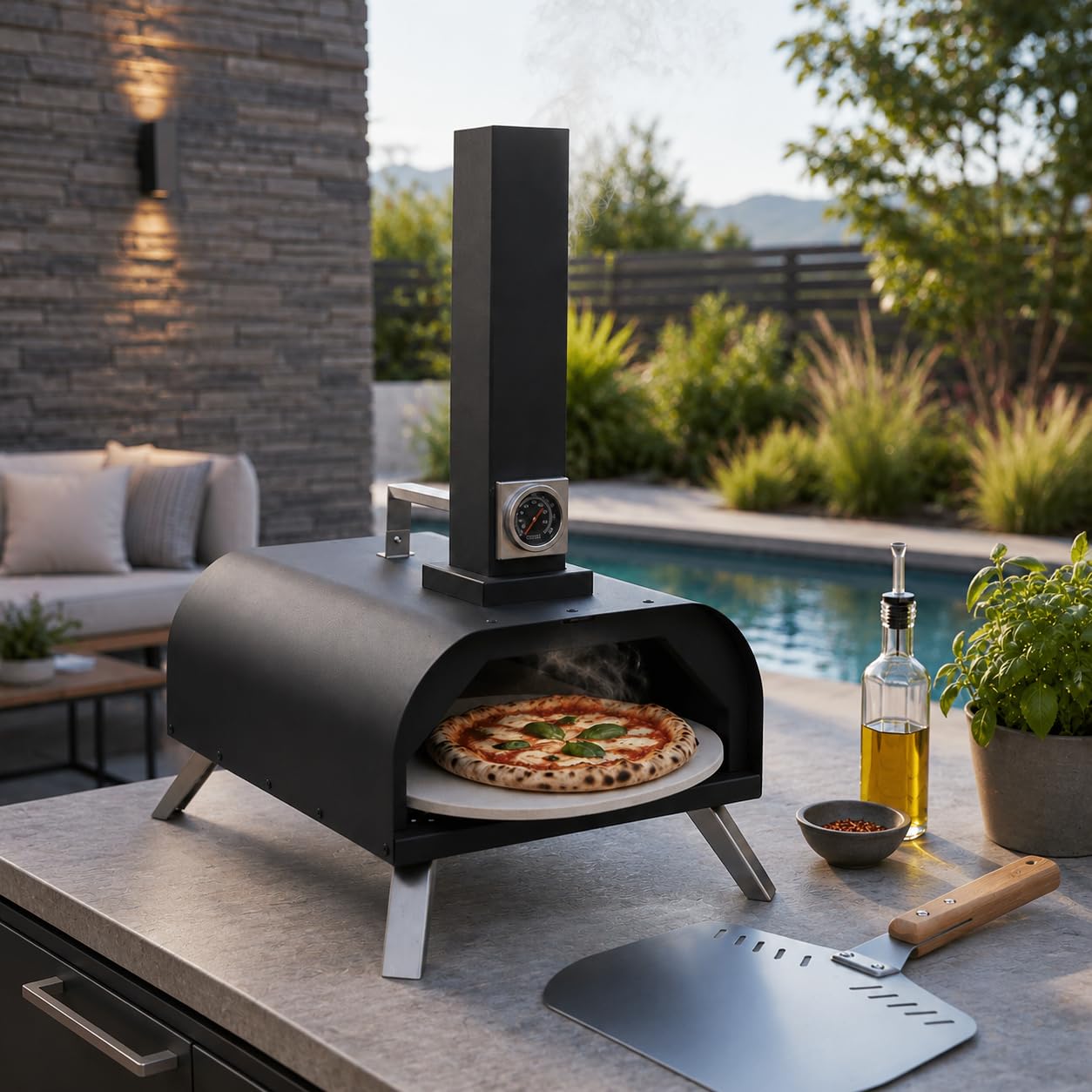 Horno de Pizza Portátil de Exterior – Horno BBQ de Acero con Revestimiento Resistente al Calor, Piedra Refractaria Incluida, Termómetro Integrado, Puerta de Acero Inoxidable y Pala para Pizza