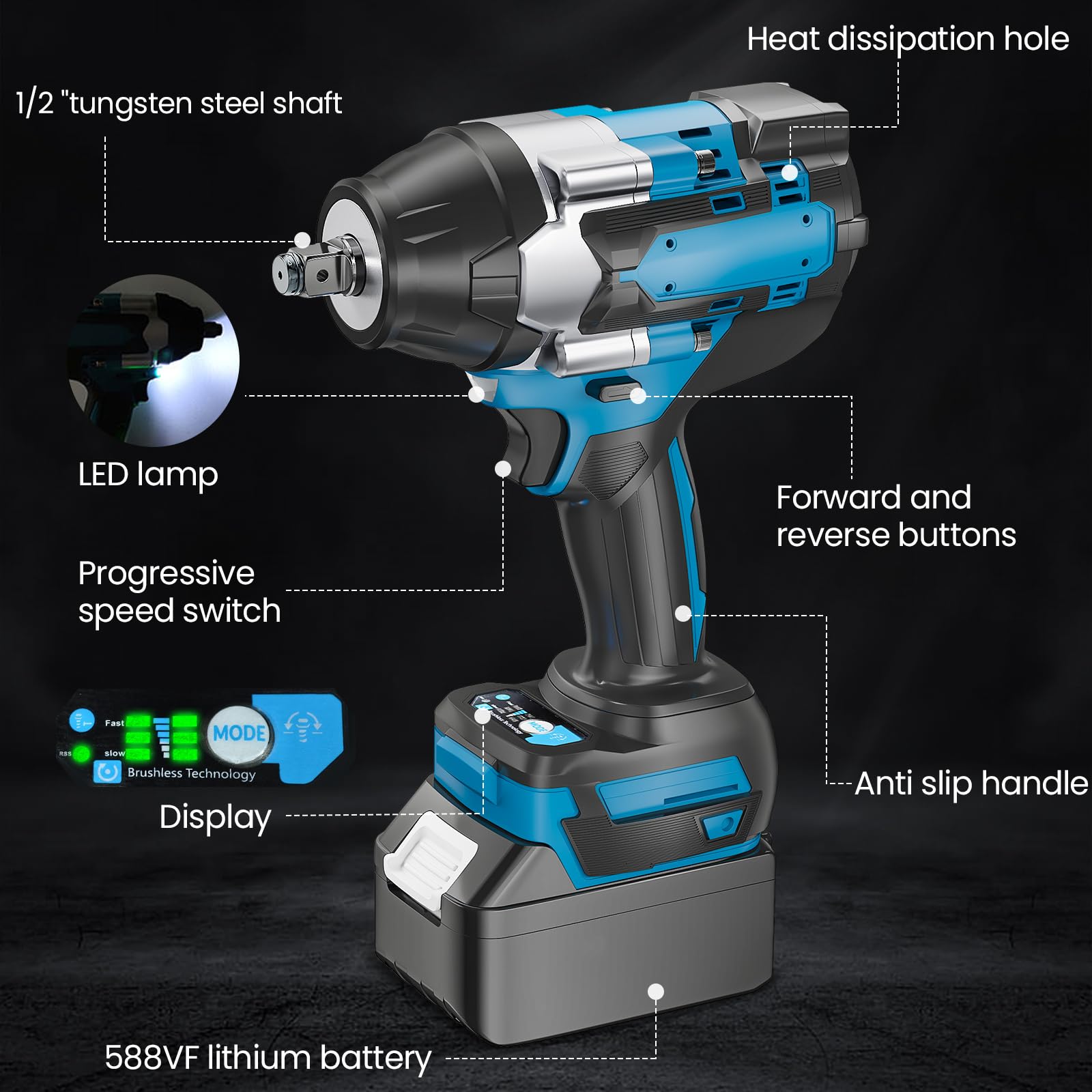 Makita Compatible Clé à Chocs Sans Fil 1800N.m 1/2 pouce Brushless 18V 5 Vitesses avec LED