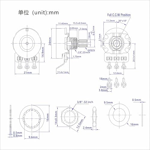 Miniatura 6 de FLEOR Potenciómetro de guitarra de eje dividido corto de 2 piezas A250K de 0.610 in, 24 líneas