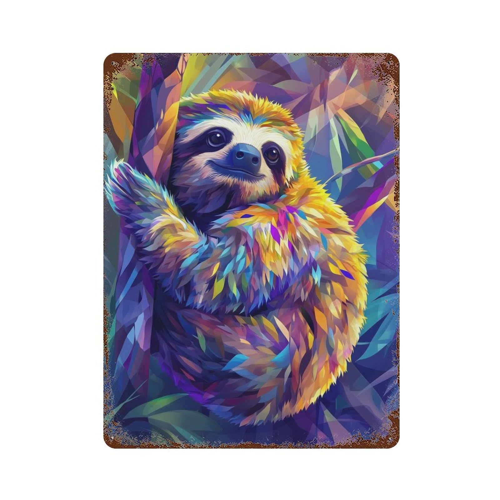 Colorful Sloth in Jungle 15.7"x11.8" Rust Effect Tin Sign, Rustic Home Decor for Office, Studio And Wall Decor