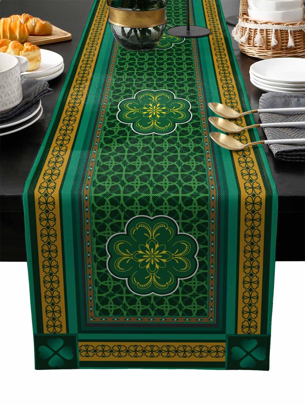 Edwiinsa St. Patrick's Day Table Runner-Cotton Linen-Small 36 inch, Retro Celtic Knots Lucky Clover Irish Tablerunner for Kitchen Coffee/Dining/End