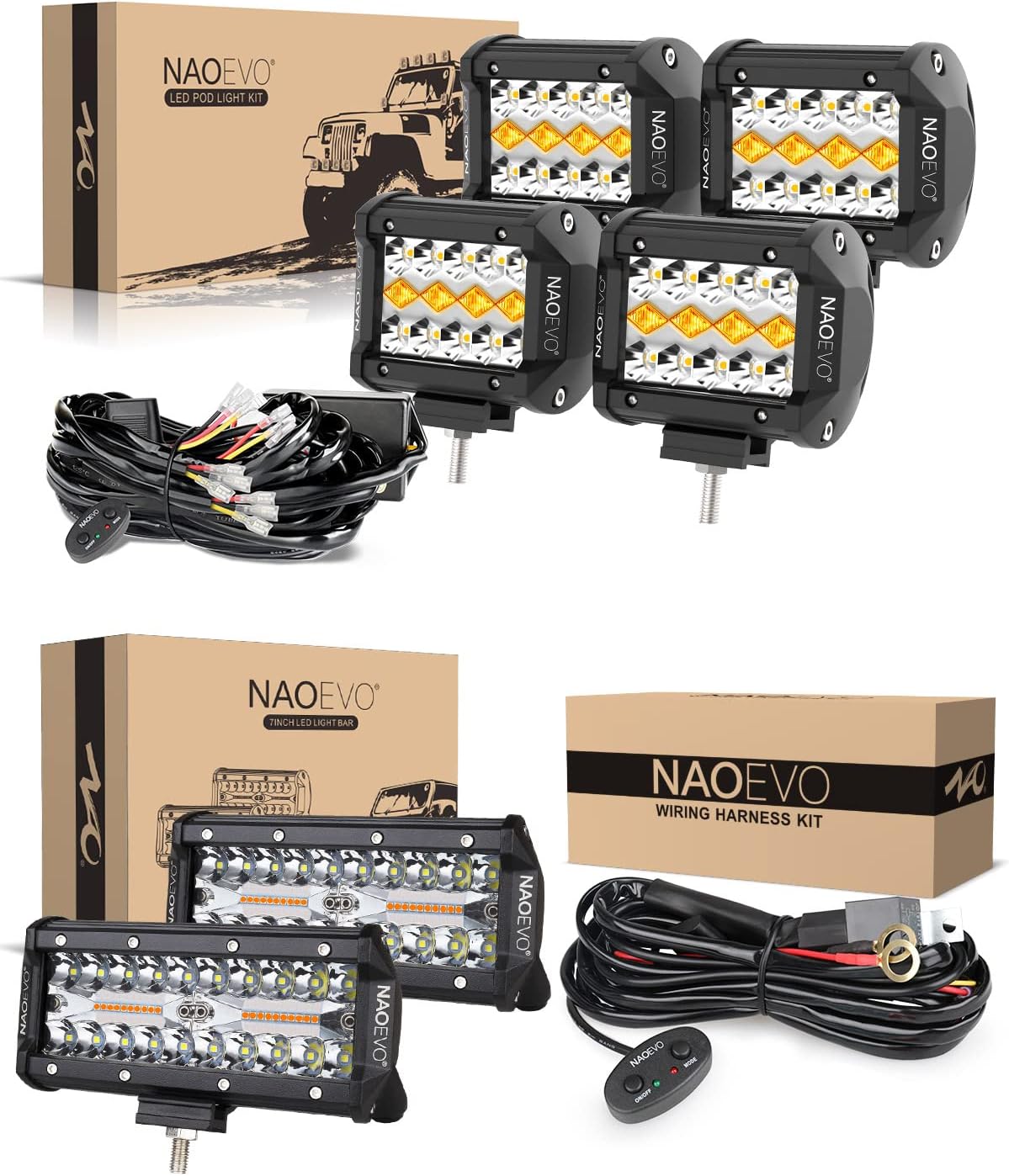 NAOEVO 4inch 4Pcs Led Light Pod Kit and NAOEVO 7inch Led Strobe Light and NAOEVO 6