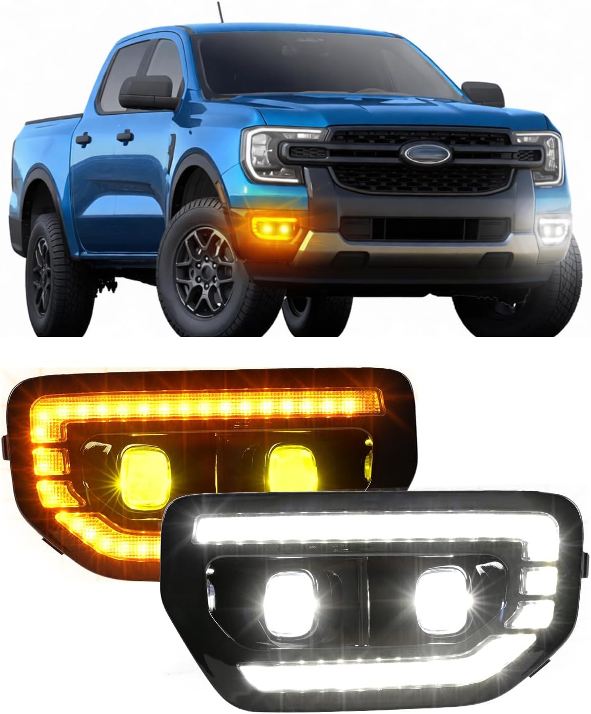 2Pcs 55W Led Fog Lights DRL For 2023 2024 2025 Ford Ranger Accessories Daytime Running Light with Amber Sequential Turn Signal & White Startup Animation(Only Fits xl/xlt/lariat) (DRL)