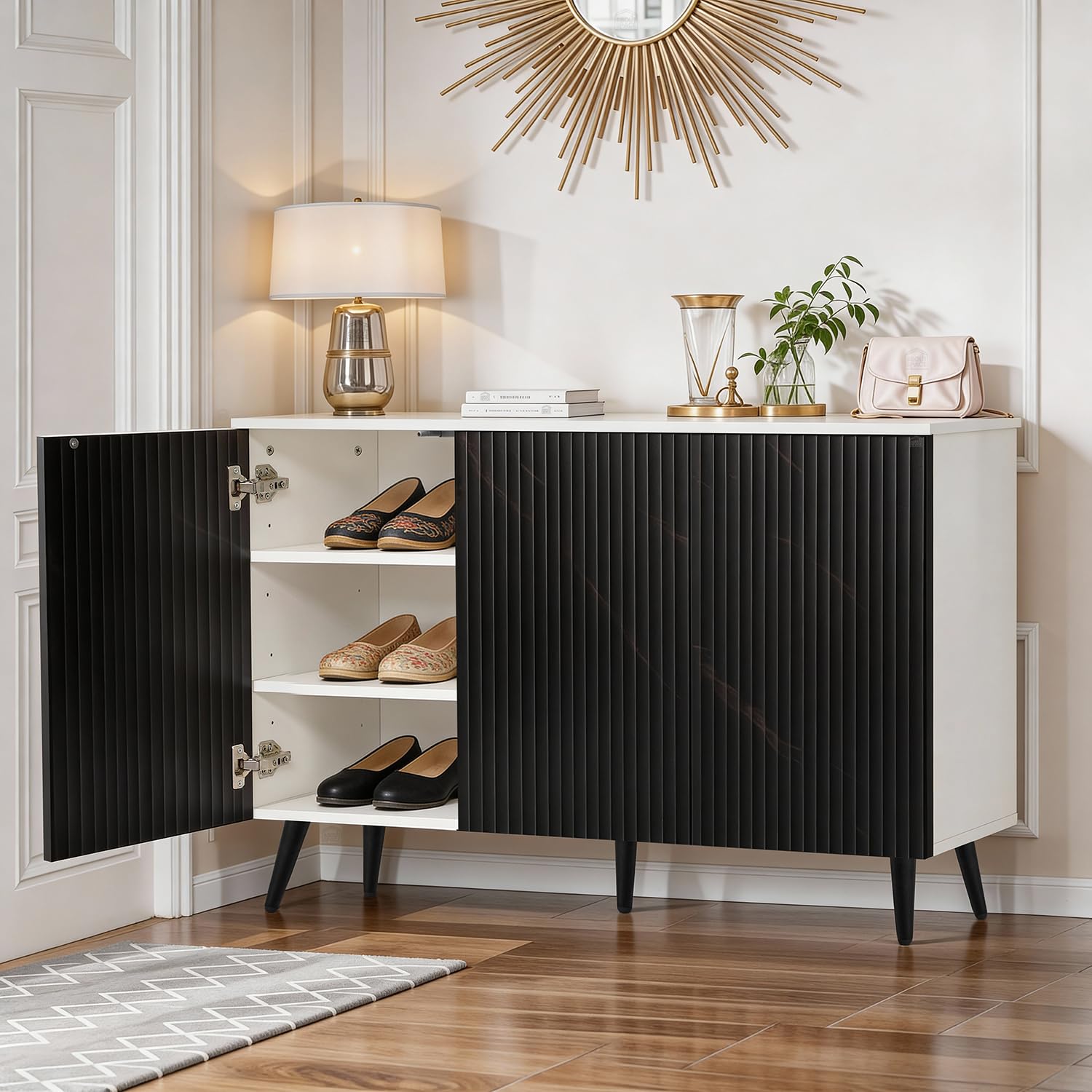 ABOUT SPACE Shoe Cabinet - 3 Tier Shoe Rack with Door | Press Open 3 Door Engineered Wood Shoes Stand for Home | Smooth Non-Fluted-Effect Adjustable Shelf Raised Legs 12-15 Pair Storage |White & Black-image-0