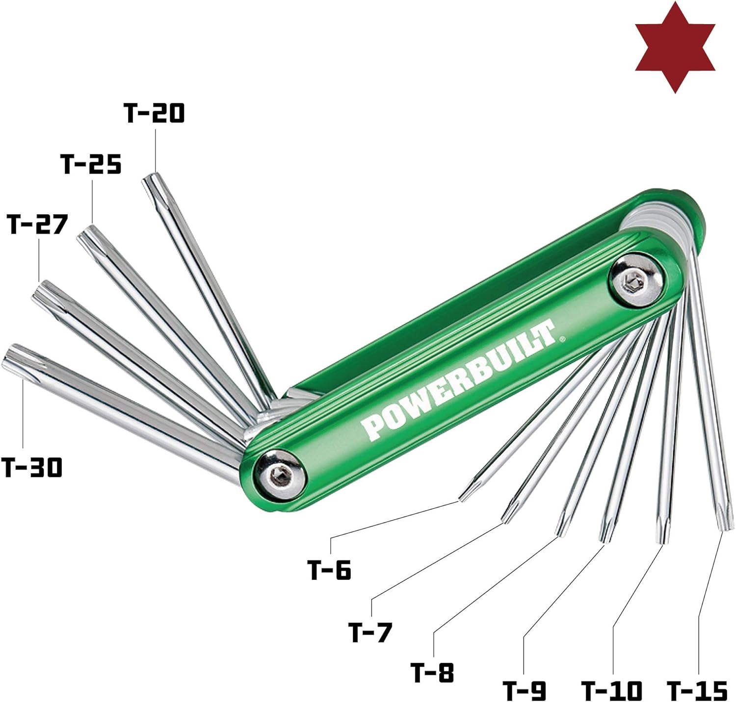 Powerbuilt 10 Pc. Aluminum Folding Star Hex Key, T6 to T30 - 940786