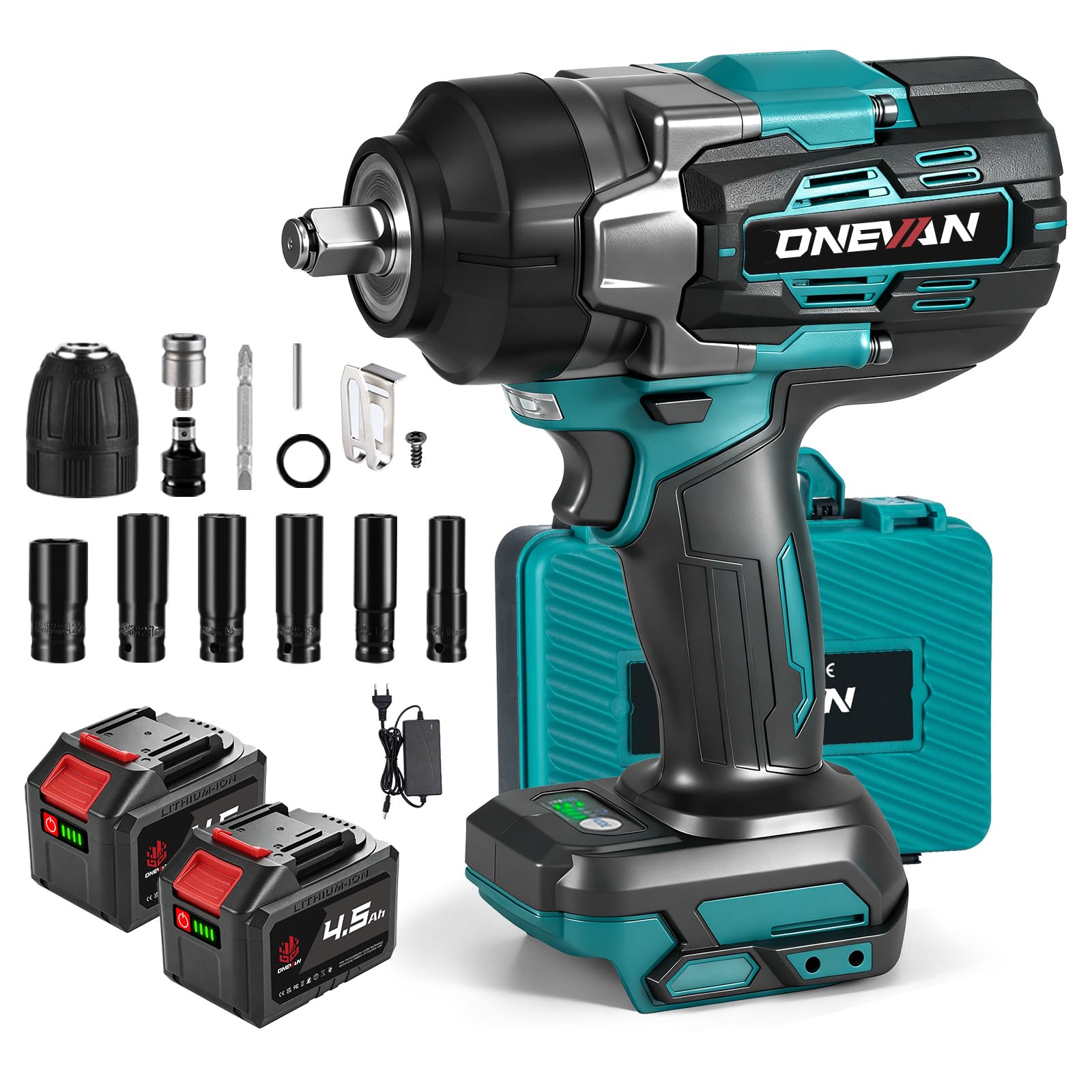 ONEVAN Akku Schlagschrauber 1700N.m, 1/2" Bürstenloser Akkuschlagschrauber Elektrisch mit 2x 4.5Ah Akkus und Schnellladegerät, Hohem Drehmoment Impact Wrench mit 6 Steckschlüssel für Schwere Projekte
