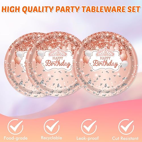 Miniatura 4 de 41 piezas de suministros para fiesta de cumpleaños de oro rosa, incluye 20 platos, 20 servilletas y 1 mantel, vajilla desechable con temática de oro