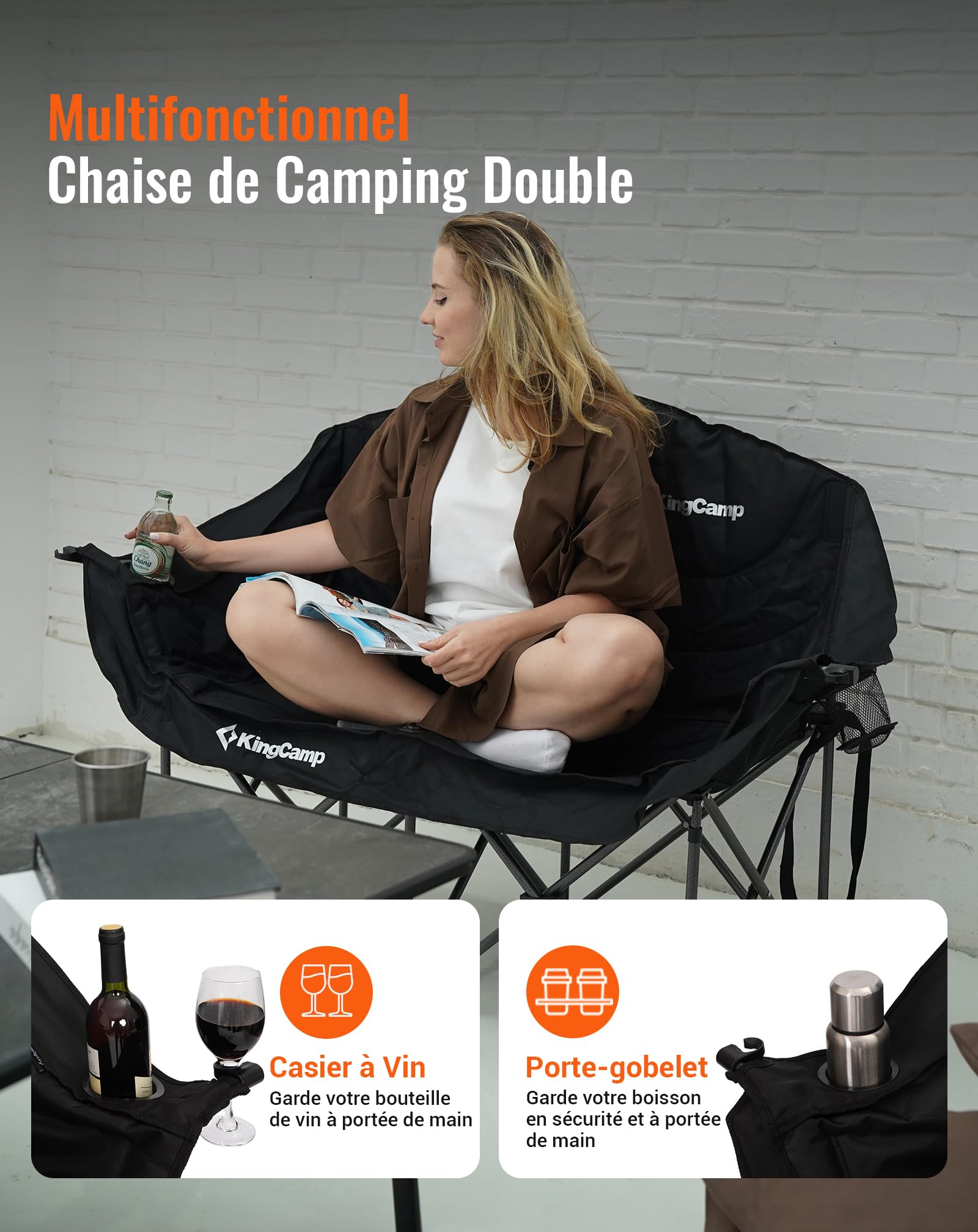 KingCamp XXL Chaise de Camping Pliante pour 2 Personnes, Jusqu'à 300 kg | Fauteuil de Camping Pliable Rembourrée, Porte-Gobelet, Porte-Verre à Vin, Dossier Haut, Canapé de Camping 1 2 & 3 Places