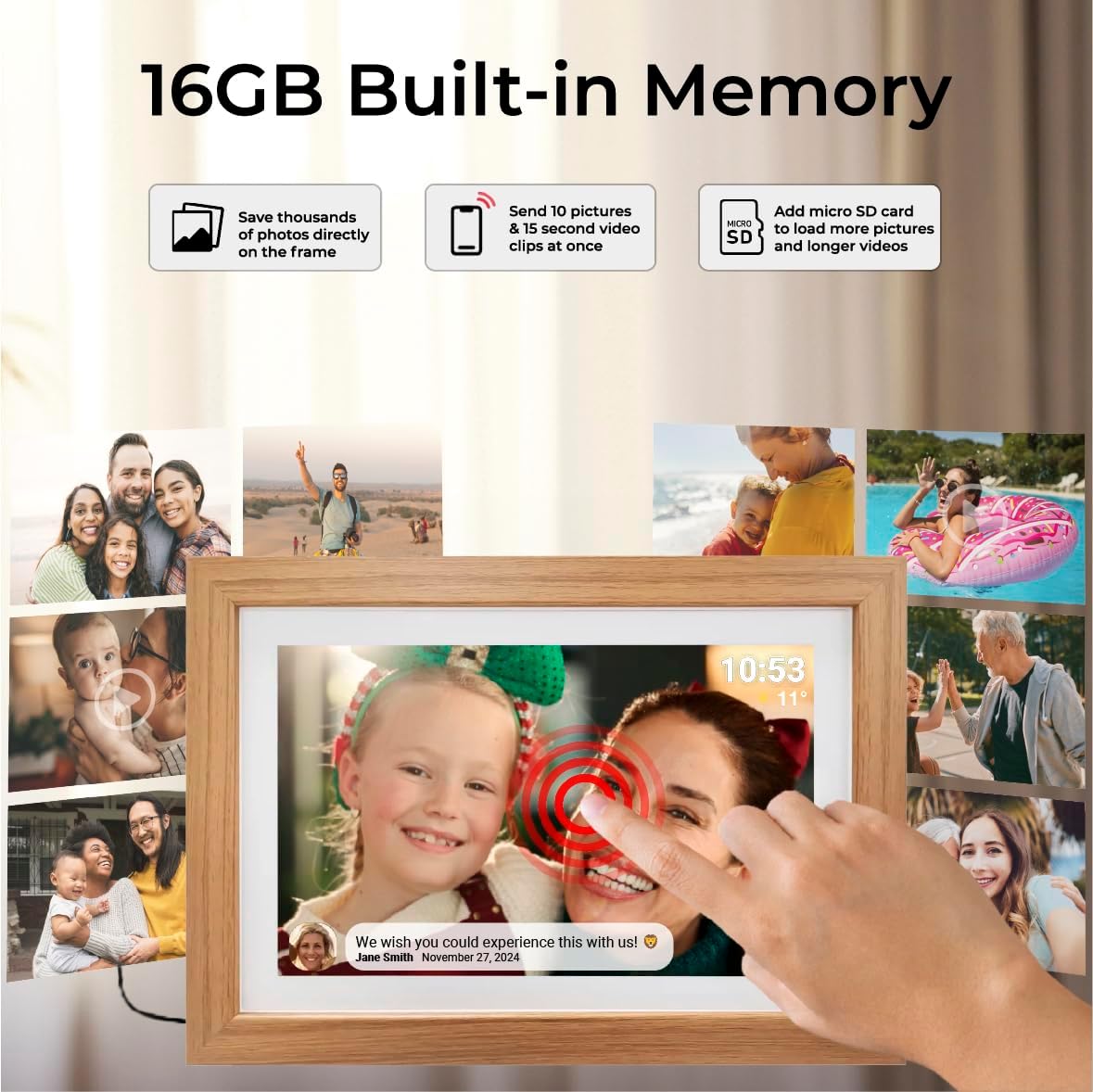 Icons representing 16GB built-in memory, ability to send 10 pictures and 15-second video clips, and Micro SD card support.