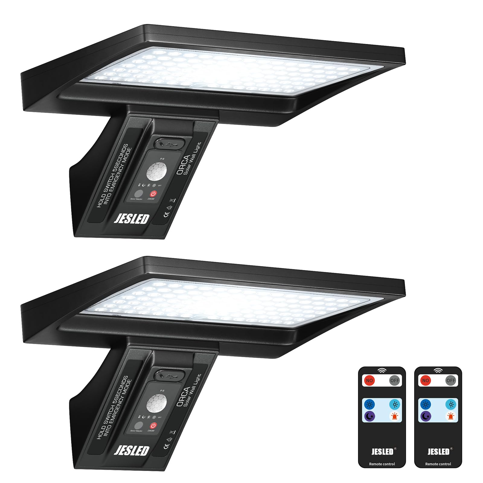JESLED Lámpara Solar Exterior 104 LED con Sensor de Movimiento y Mando a Distancia, 6000K Luz Blanca, 4 Modos, IP65 Impermeable, Luz de Seguridad para Jardín, Patio, Pared (Pack de 2)