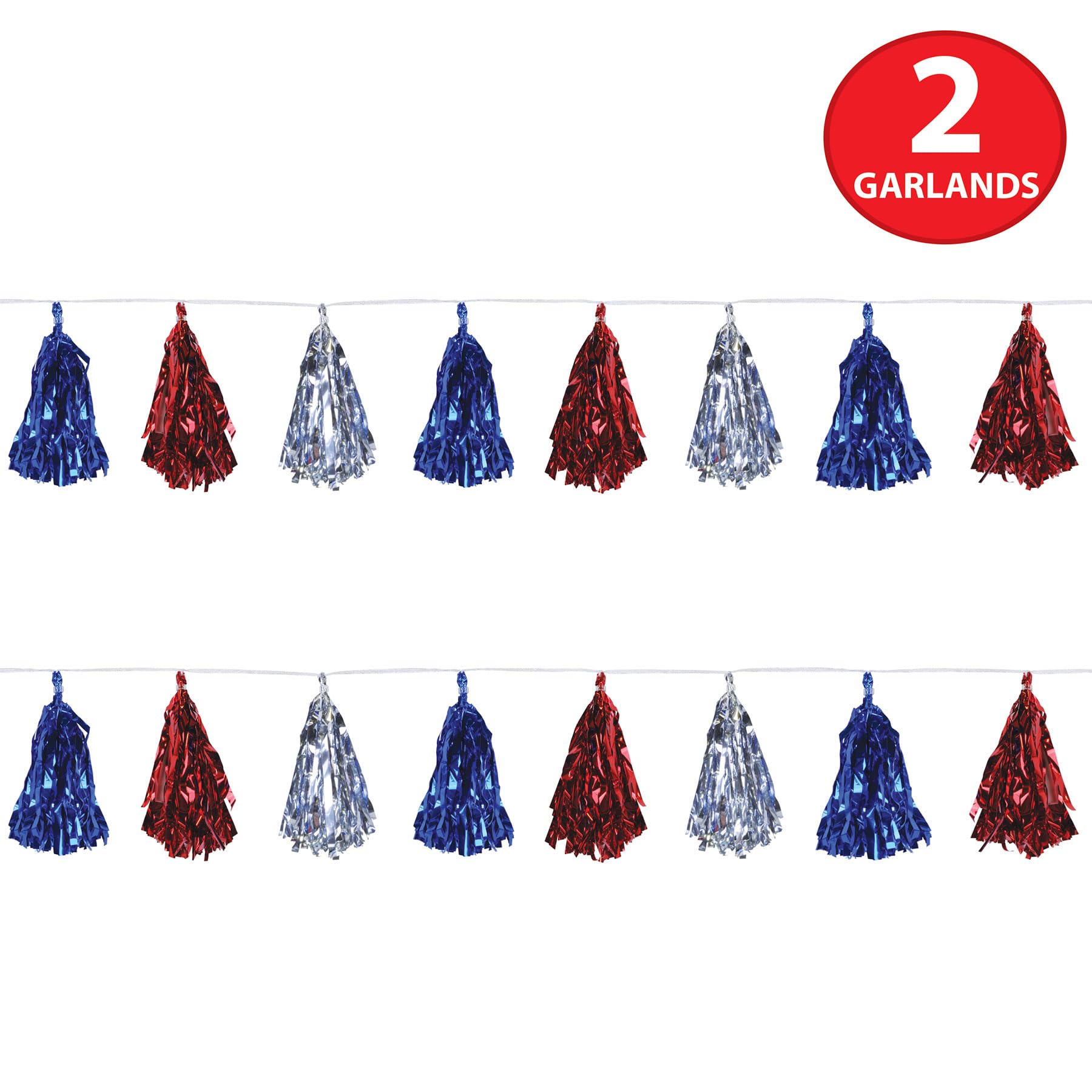 Beistle 59927-RSB, 2 Stück metallische Quasten-Girlanden, 24,8 cm x 2,3 m, Rot/Silber/Blau