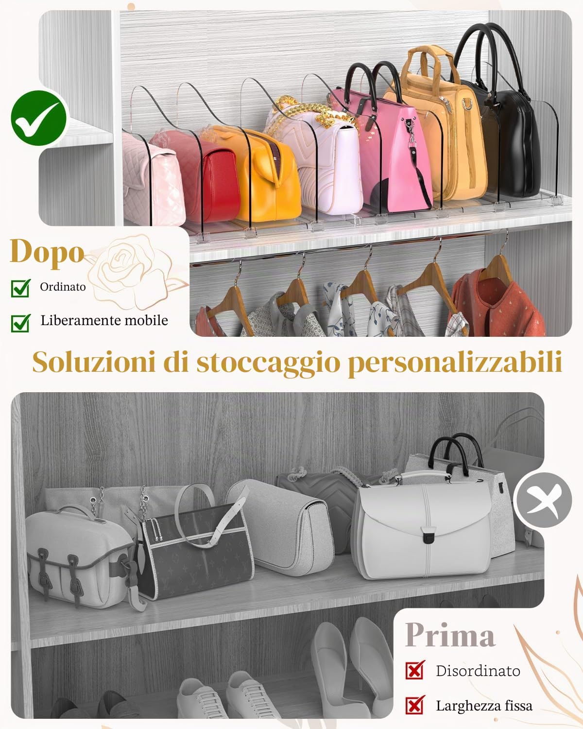 Confezione da 2 organizer per borse a forma di rosa, divisori regolabili per armadio, organizer trasparente per armadio, separatore per libreria in plastica per camera da letto, ufficio, casa, ottimo