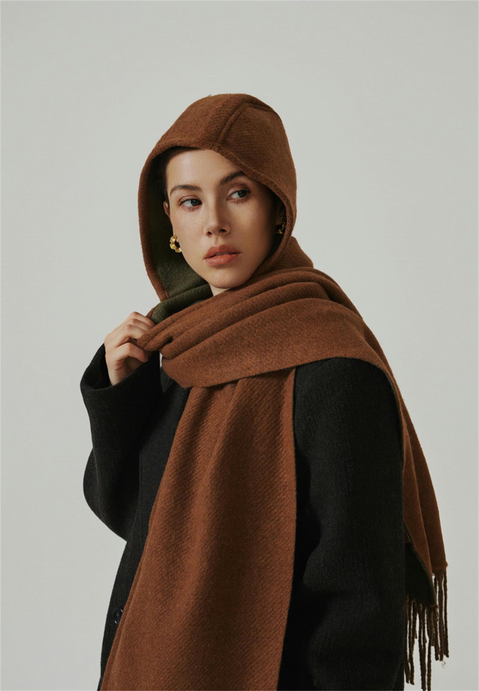 Sciarpa Donna Sciarpa da Donna in Imitazione di Lana Autunno E Inverno, Mantello con Cappuccio Bifacciale, Scialle High-End Feeling, Sciarpa Allungata-Verde Marrone-220 * 30 Cm