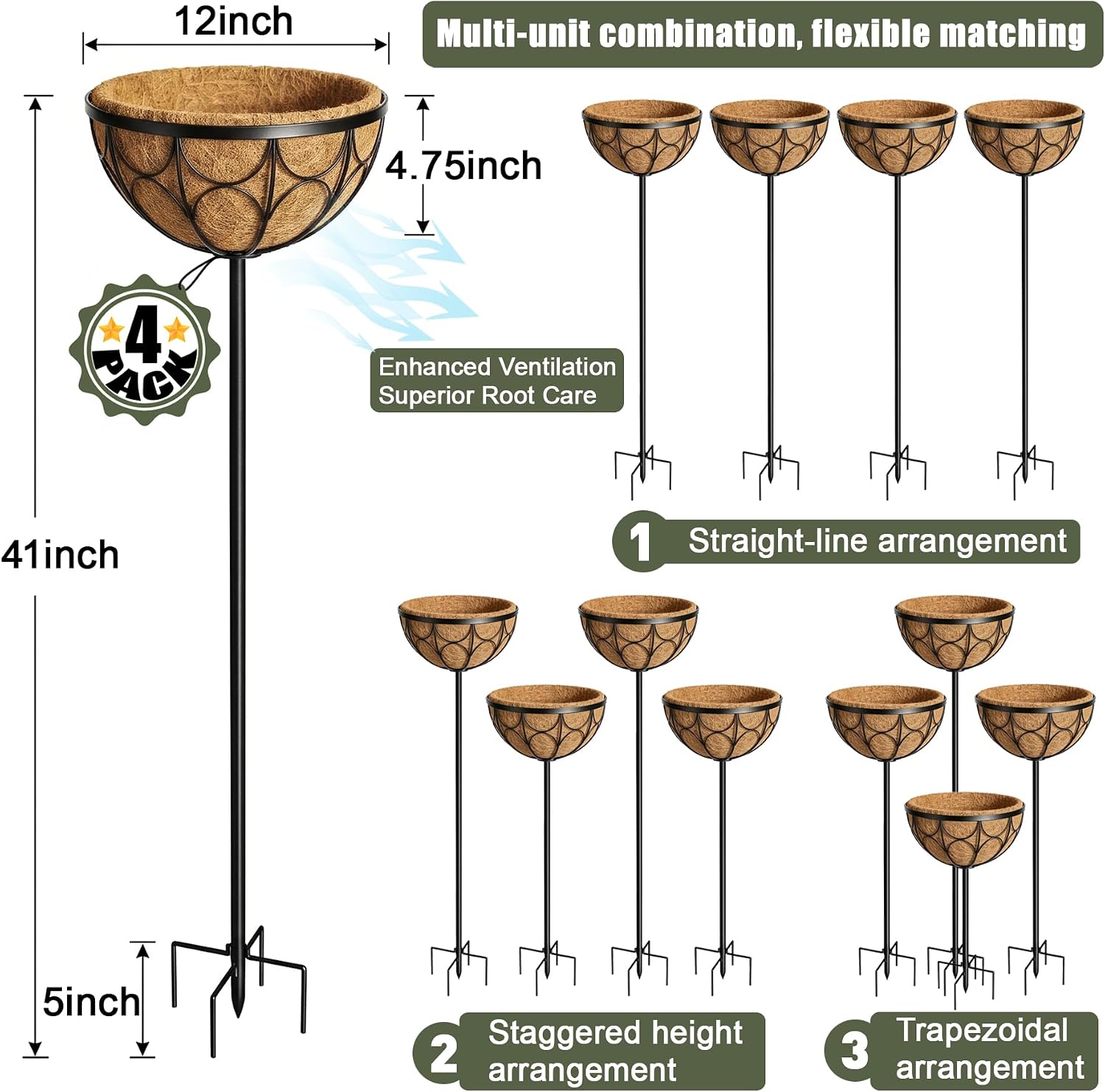 4 Pack 12 Inch Hanging Plant Baskets with Adjustable Stands, 22 - 46 Inch Adjustable Height Metal Flower Pots with Natural Coco Liners, Heavy Duty Wire Planters for Lawns, Patios and Wedding Decor