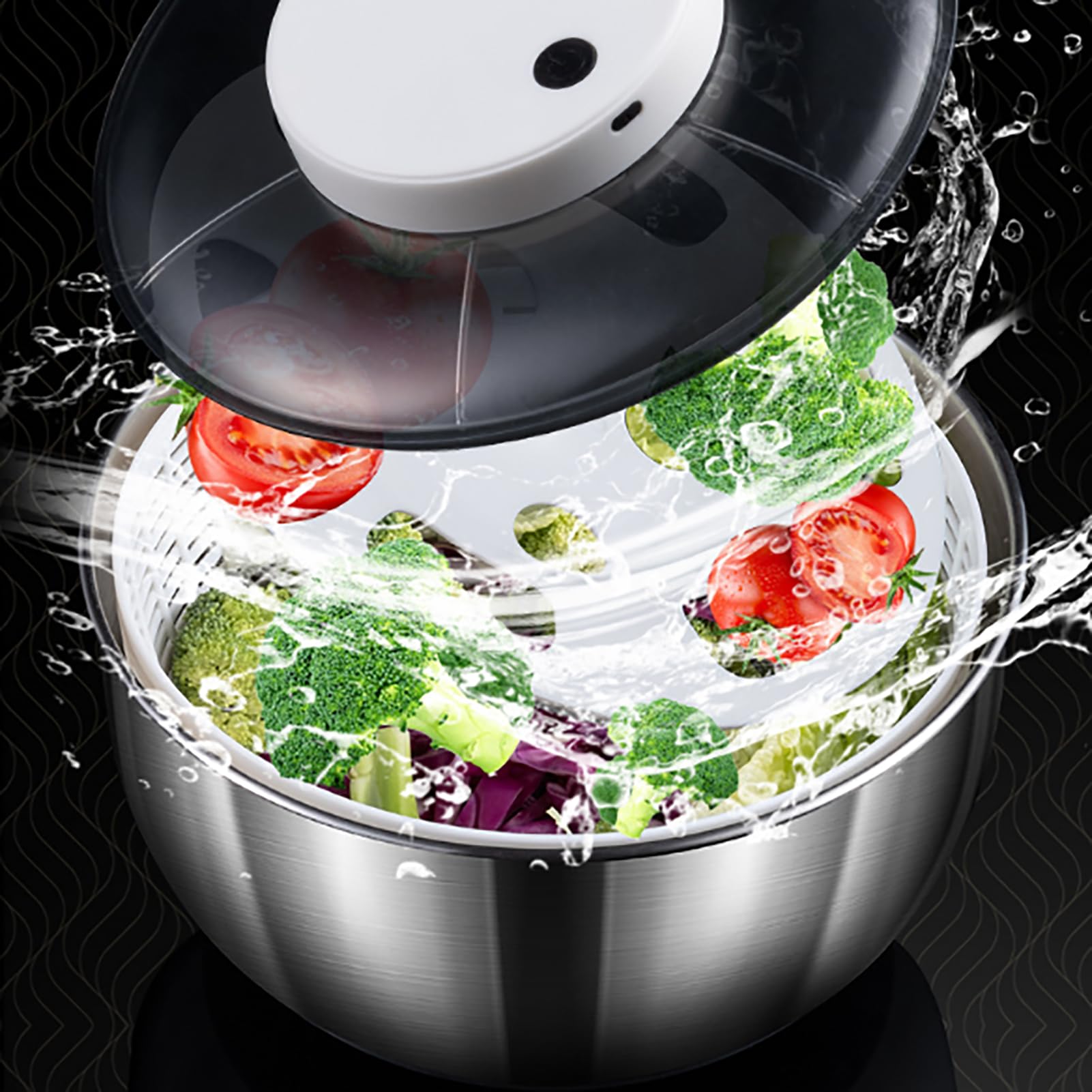 Automatic Salad Spinner, 4500ml Stainless Steel Efficient Drying Fruit Dryer Spinner Fruit and Vegetable Dryer Electric Vegetable Washer for Home Kitchen
