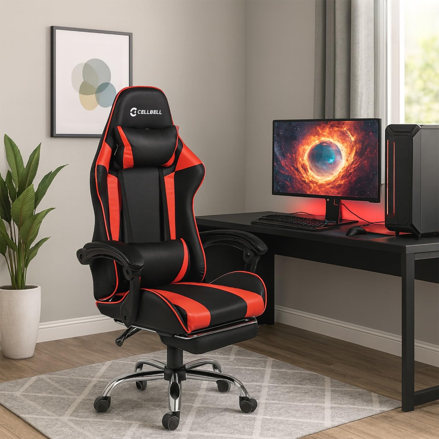 CELLBELL Konquer Ergonomic Gaming Chair | Leatherette | Multi-Functional Computer Chair | Integrated Massager | ErgoSync Armrest | Retractable Footrest | 1 Year Warranty (Red-Black)