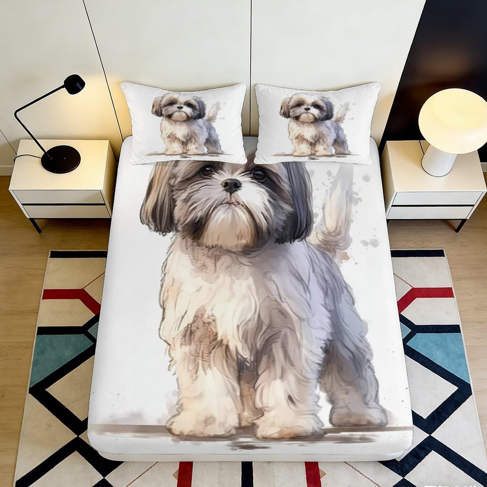 3D Printed Shih Tzu Dog Fitted Sheet Microfiber Soft Breathable Pet Bed Sheet for Bedroom Decor Protection 90x200x25cm