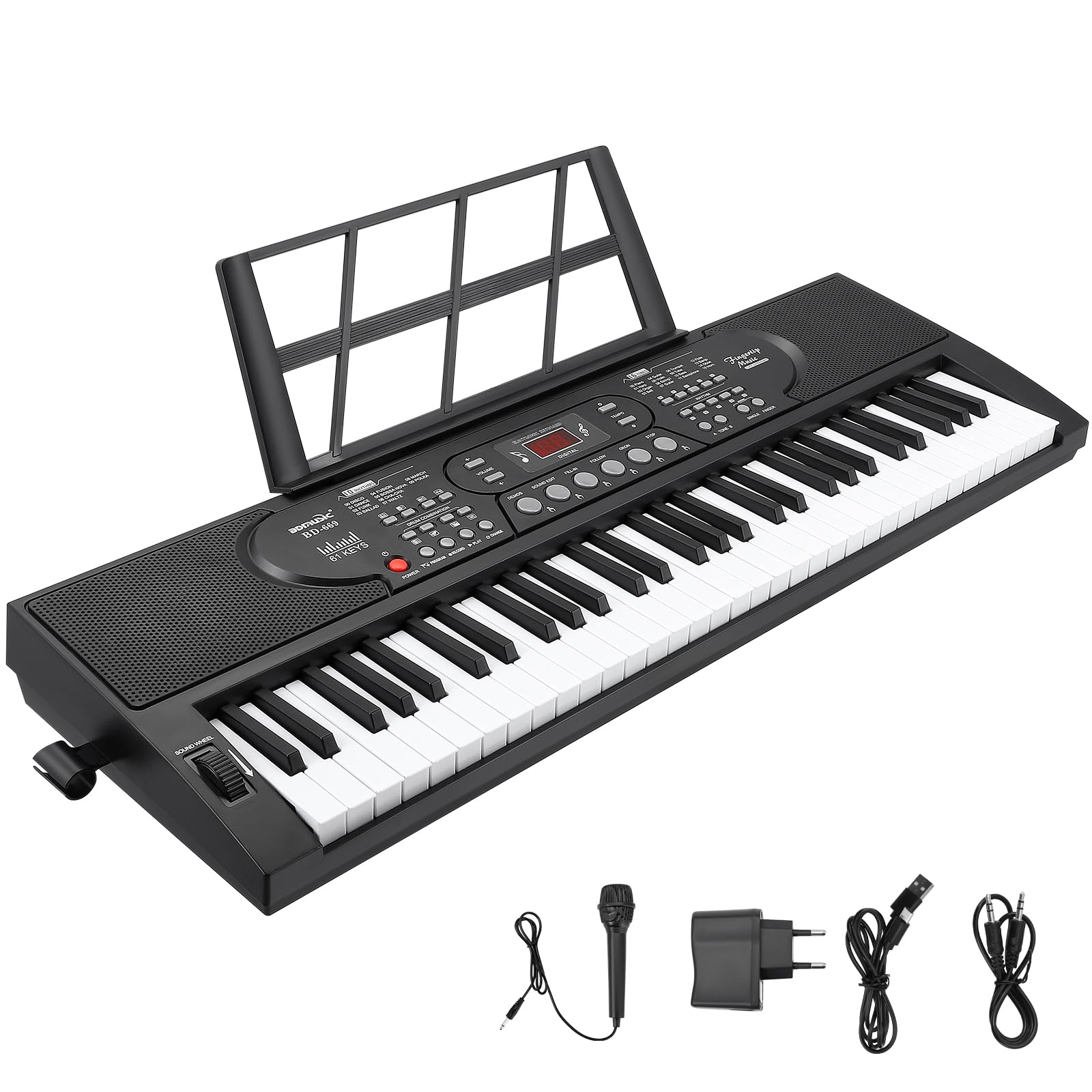 Pianola Elettrico 61 Tasti, Portatile Tastiera Pianoforte Digitale con Doppio Alimentatore, Leggio per Spartiti, Adesivi per Note Pianoforte, Microfono Cuffie, Tastiera Musicale per Principianti