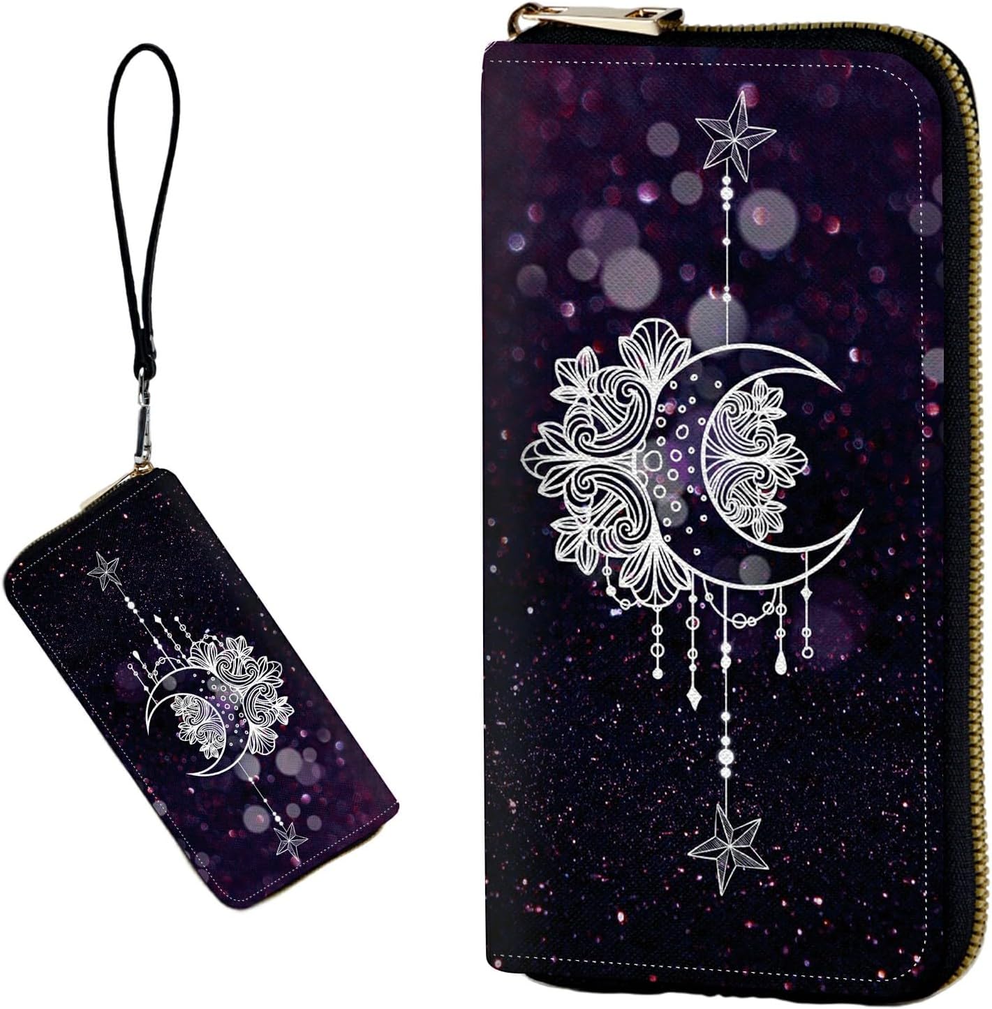 Women's RFID Blocking Wallet PU Leather Slim Bifold Wristlet Clutch with Large Capacity,16 Card Slots & Zipper Coin Purse Pocket Ladies Travel Purse Wristlet,Moonflower