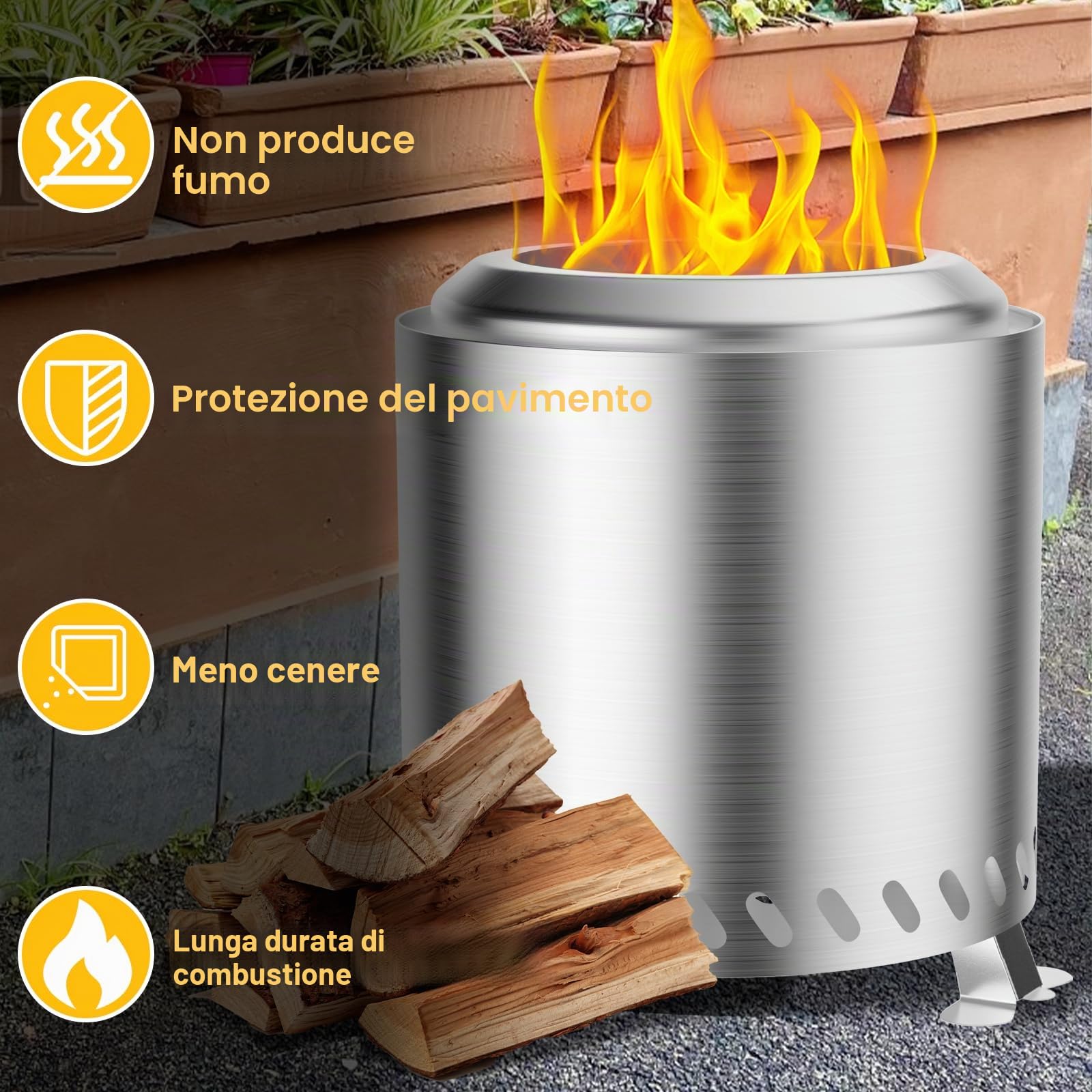 Fillis Braciere per esterni, 22x22x26cm Senza fumo in acciaio inox mini caminetto da tavolo con custodia balcone terrazza e giardino, decorazione ideale per barbecue in legno