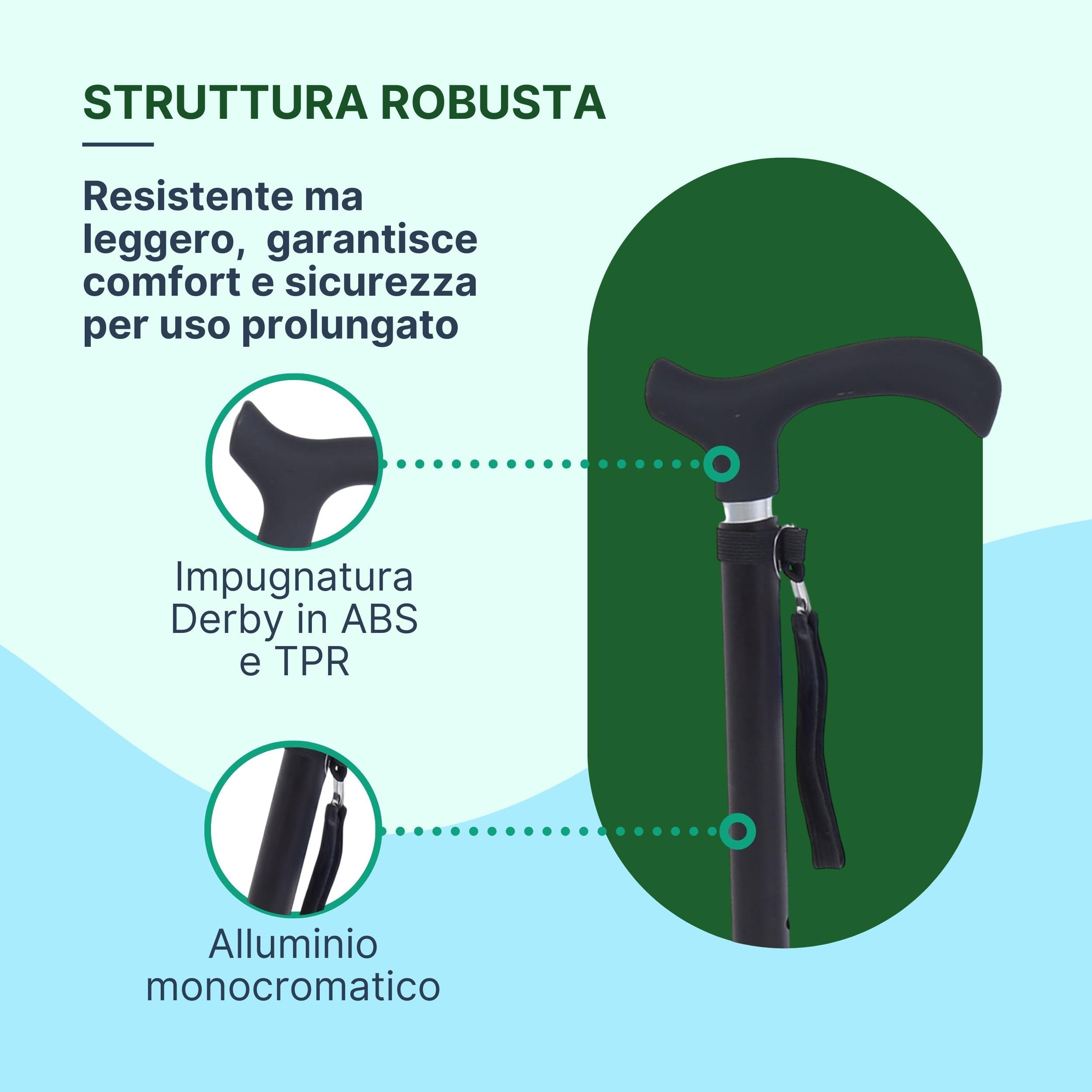 Bastone per Anziani in Alluminio con Manico Derby in ABS-TPR, Bastone da Passeggio Leggero Regolabile H. 68-90,5cm, Portata 100kg