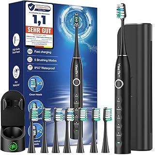 YTEATH PRO Elektrische Zahnbürste, Schallzahnbürste für Erwachsene und Kinder Electric Toothbrush mit 8 Bürstenköpfen und Timer, 5 Putzmodi, Reiseetui, 120 Tagen Akkulaufzeit, 50,000vpm, Black