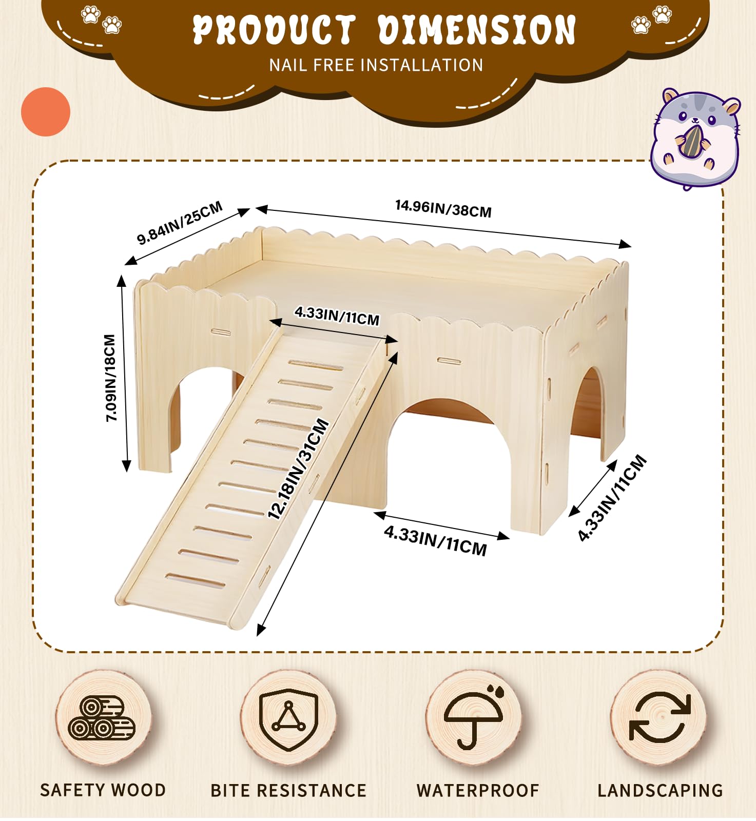 Grande Cabane Cochon d'Inde avec Rampe: Maison Cochon d'Inde avec Rampe 4 Entrées - Accessoires de Jouets pour Cochons d'Inde - Cachette en Bois Petits Animaux de Compagnie, Hamsters Nains (Wood)