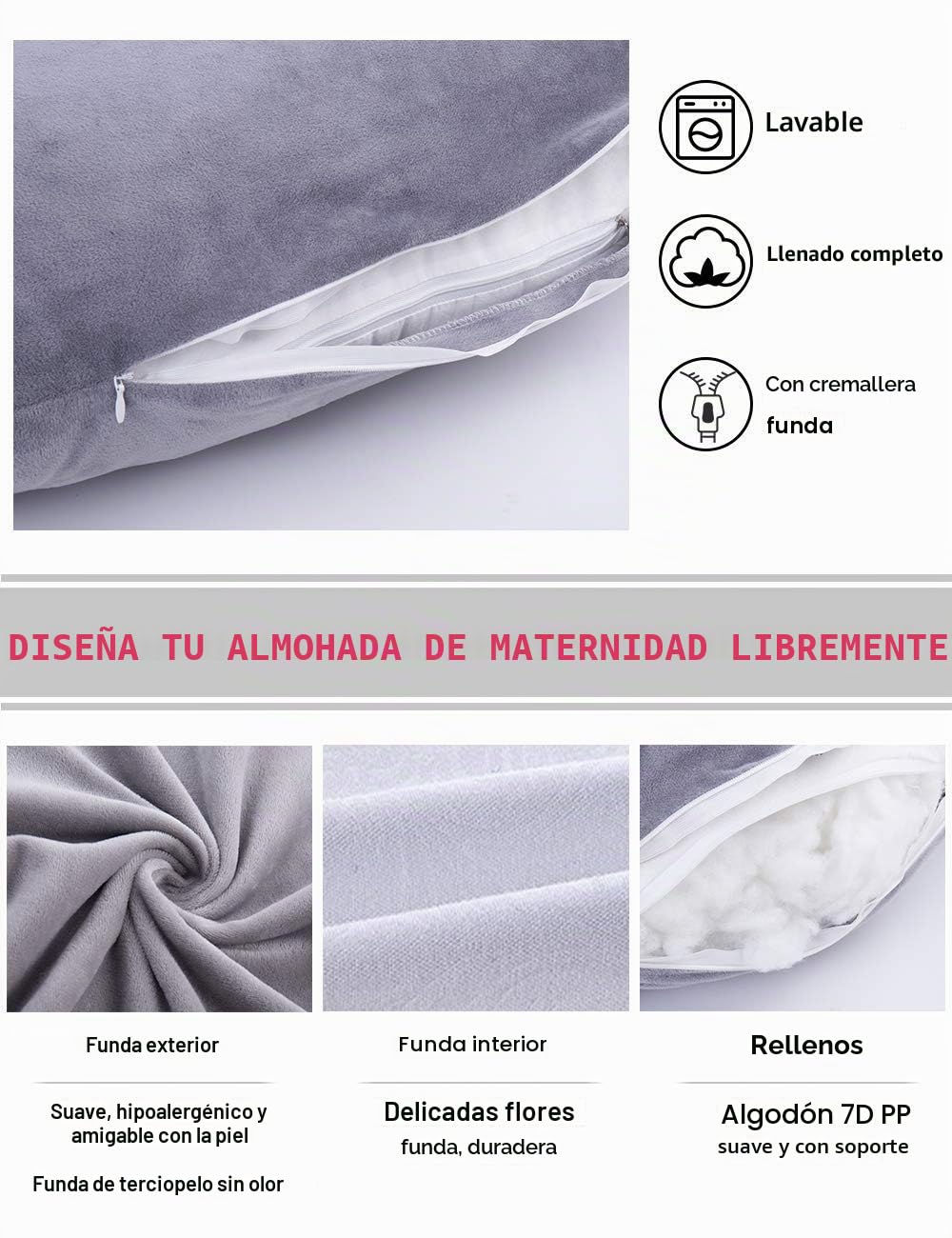 Almohada de Embarazo, Almohada de Cuerpo Completo en Forma de U, Almohada de Lactancia, Apoyo y Maternidad para Mujeres Embarazadas con Funda de Terciopelo extraíble (Gris)