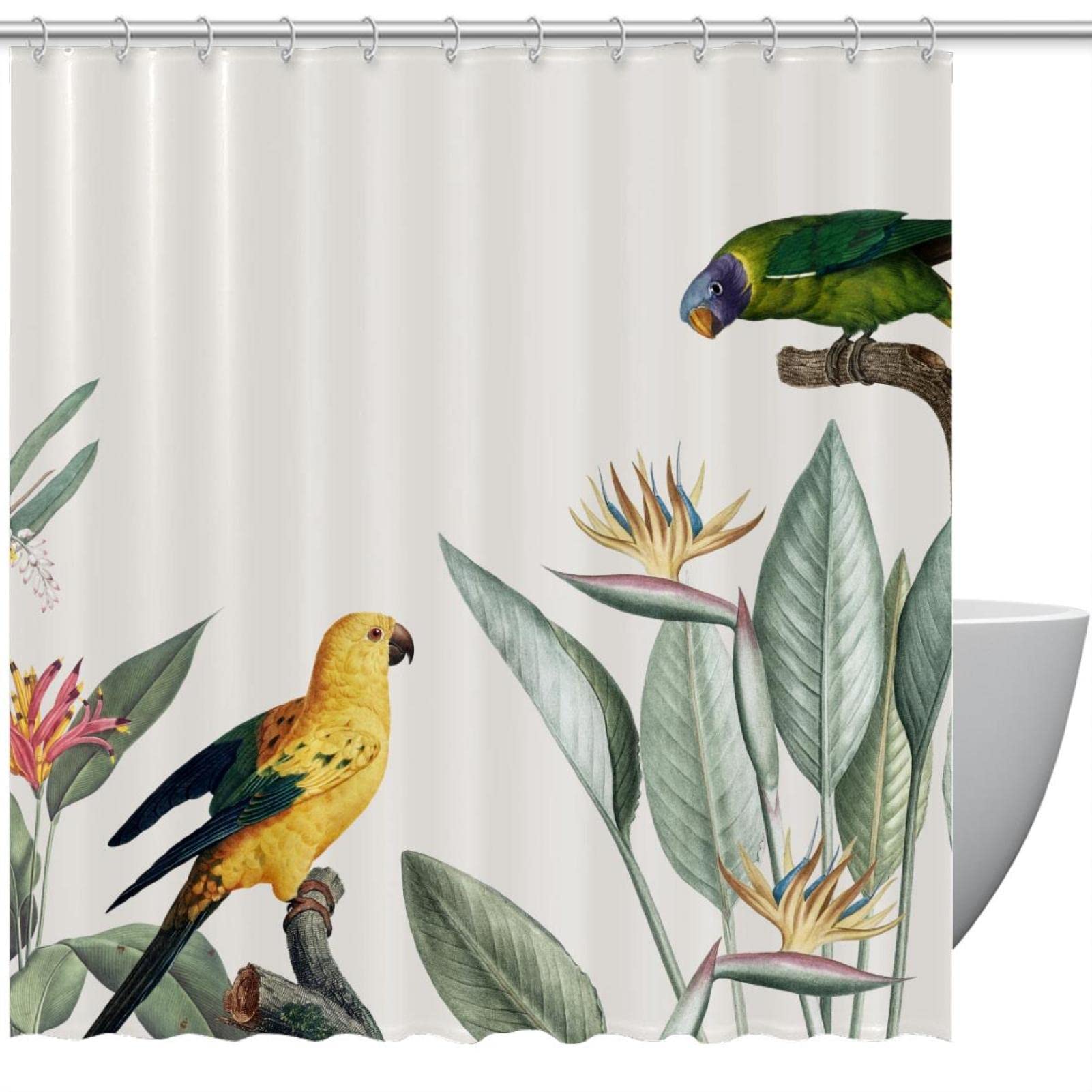 Rideau de douche perroquet exotique vert et jaune pour créer une ambiance spa tropical