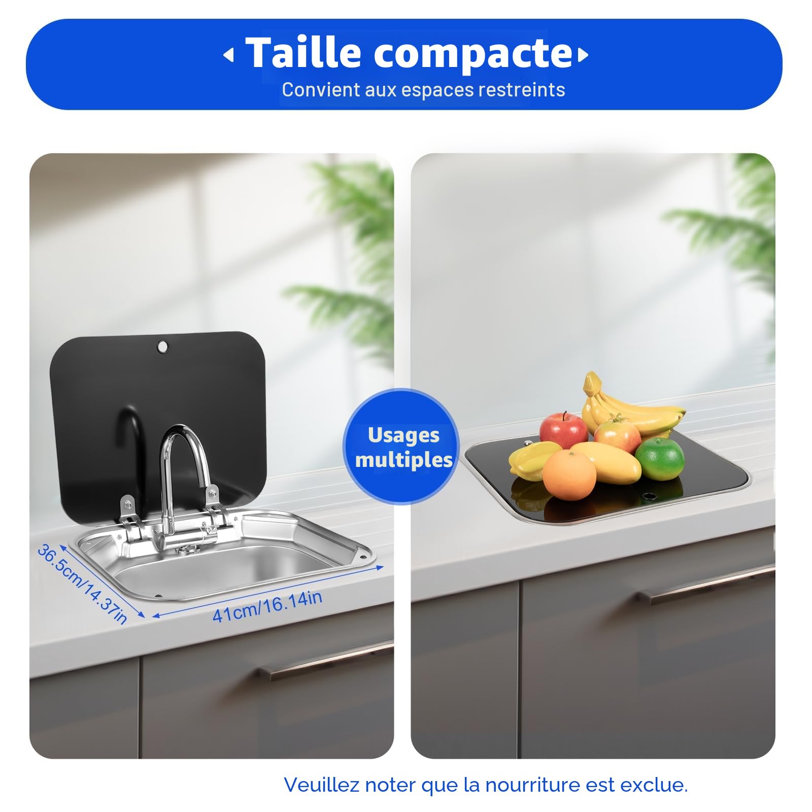 Lavabo simple à fermeture éclair avec couvercle, 41 x 36,5 x 16 cm, pour caravane, bateau, en acier inoxydable, pour camping-car, camping-car