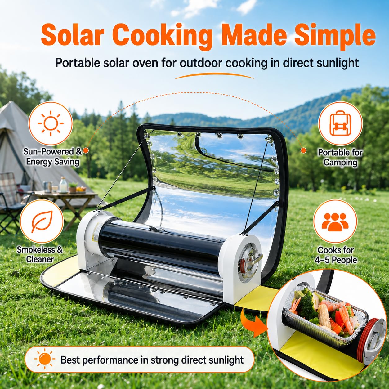 Piekarnik solarny i grill o pojemności 4,5 l z termometrem i panelami odbij | odbijającymi światło; idealny na kemping, wędrówki, wyjazdy kamperem i do ogrodu
