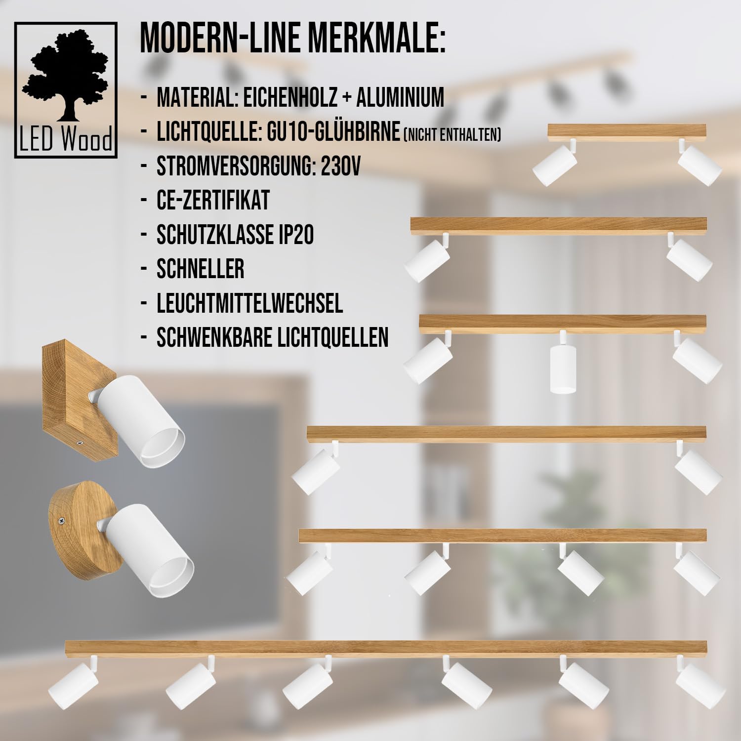LED Wood Deckenstrahler 3 Flammig Schwenkbar - Handgefertigte Spots Deckenleuchte Modern aus Eiche - Strahler Deckenlampe Holz - GU10 Spotlight Lampe Wohnzimmer (Ohne Glühbirne) - Länge 60 Cm