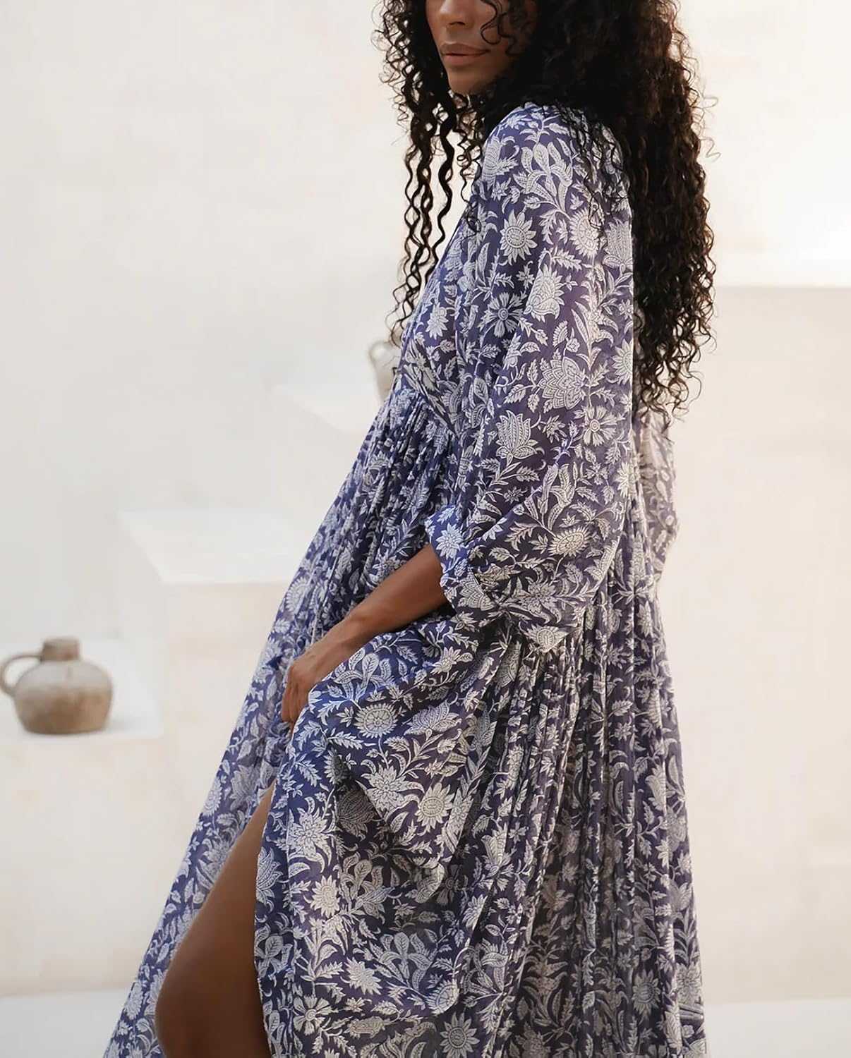 Casual Summer Dresses for Women Swing Floral Half Open Collar Boho Puff Sleeve Loose Midi Beach Dress - Image 3