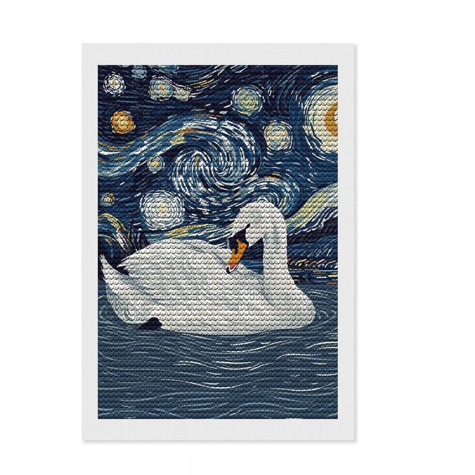 Junmoney Swan in Starry Night Style Diamond Painting Canvas Kit 8"x12", Winter Craft, Home Decoration, Boho Decor, Thoughtful Present, Creative Hobby