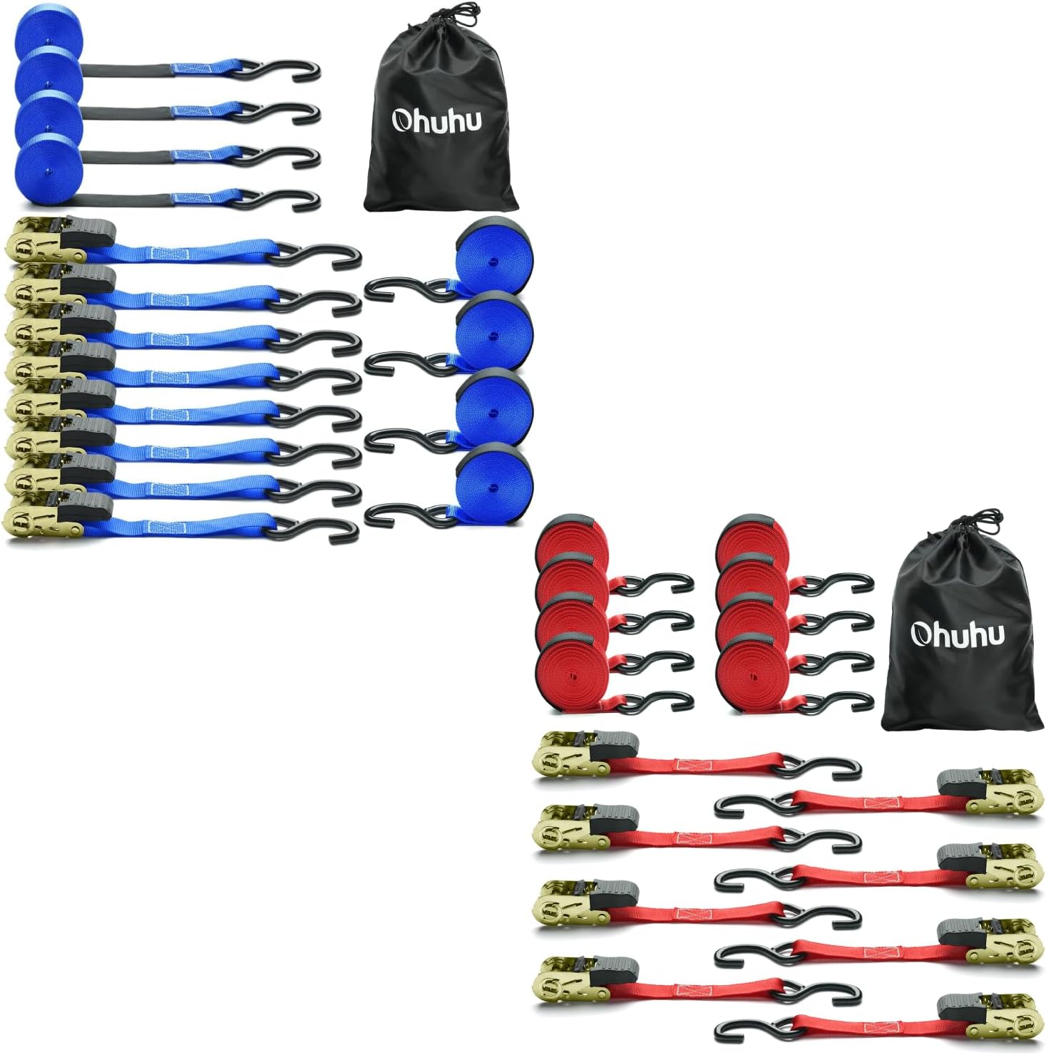 Ohuhu Ratchet Tie Down Straps 16-Pack (8-Pack Blue + 8-Pack Red)
