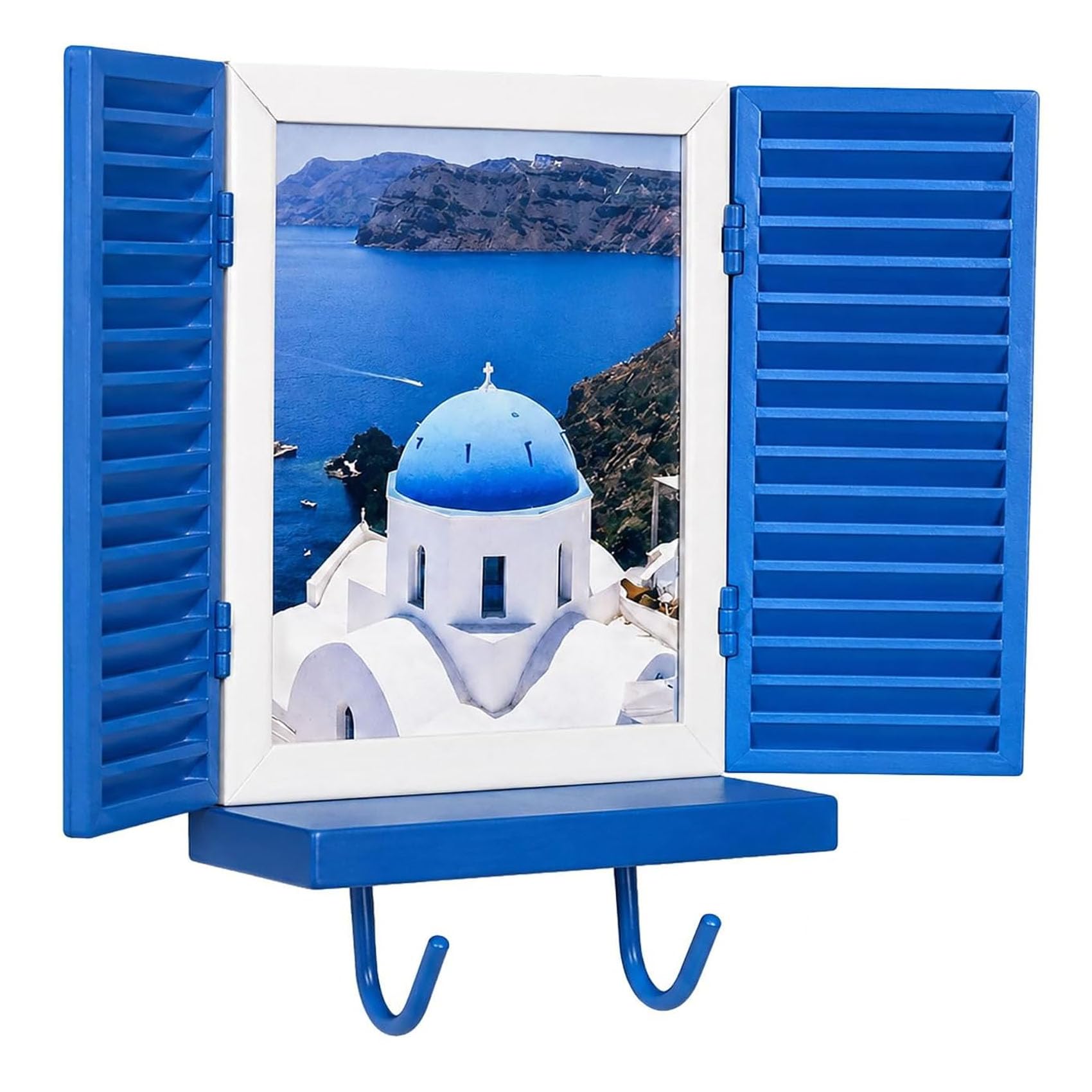 Yacriso Mediterranean Window Photo & Key Holder, Personalized Photo Key Holder & Hooks, Wall-Mounted Rustic Shutter Organizer with Floating Shelf, Home Decor for Entryway, Hallway, Living Room (Blue)