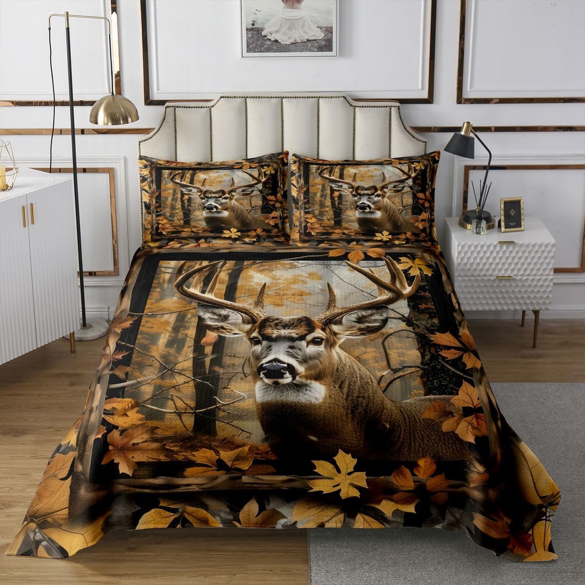 jejeloiu Rustic Forest Deer Bear Bedspread 2 Pieces Twin Size Cabin Farmhouse Country Lodge Coverlet Set Soft Cozy Deer Bear Hunting Lightweight Quilted Coverlet for All Season with 1 Pillowcase