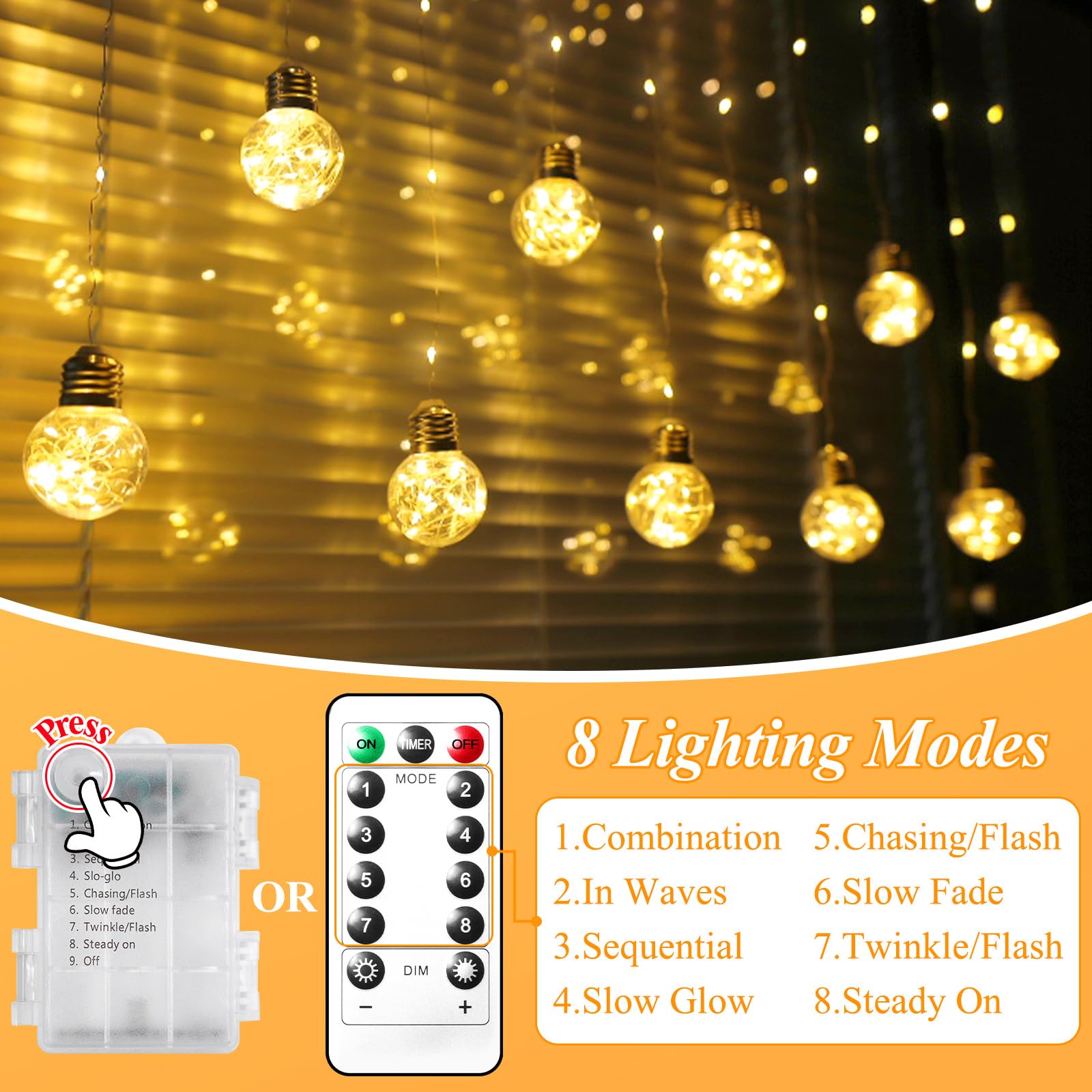LitHome Wishing Rideau lumineux en forme de boule, 240 LED avec télécommande, alimenté par USB, guirlande lumineuse pour chambre à coucher, mariage, fenêtres, décoration intérieure (blanc chaud)