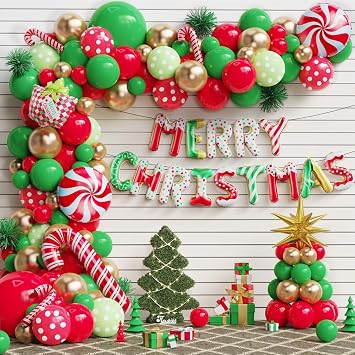Christmas Balloon Garland Arch Kit, 157pcs Red Green Gold Latex Balloons with Candy Cane Merry Christmas Foil Balloon for Xmas Holiday New Year Lollipop Party Decorations