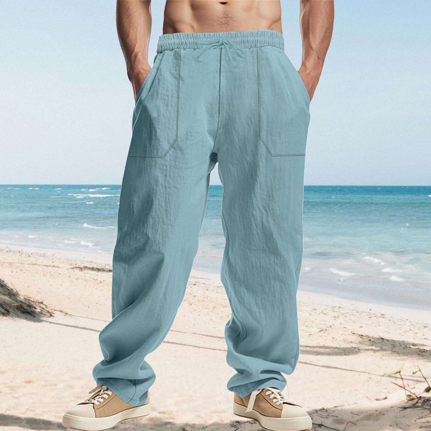 Linen Cargo Pants for Men Baggy Drawstring Elastic Waist Hip Hop Pants Beach Yoga Lightweight Travel Lounge Pants
