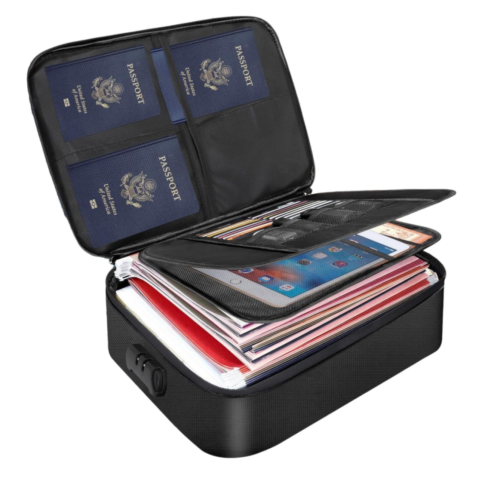 Caja de documentos ignífuga con cerradura y doble cremallera impermeable